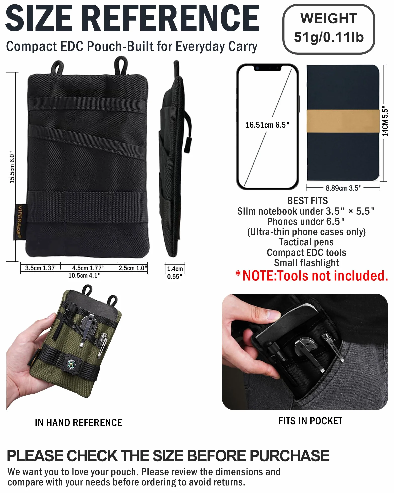 VIPERADE VE1 EDC Organizer kieszonkowy na narzędzia, mała torba EDC z 5 kieszeniami, mały organizer na narzędzia wielofunkcyjne, nylonowa osłona narzędziowa na latarkę, narzędzia wielofunkcyjne