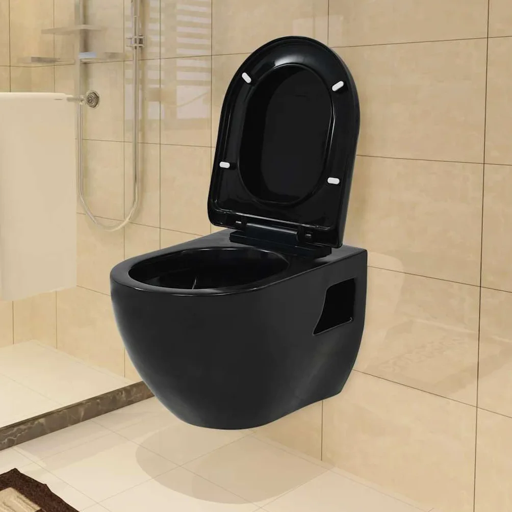 Zestaw WC naścienny ze spłuczką podtynkową, ceramiczna, czarna, deska sedesowa Soft-Close, oszczędzająca wodę spłuczka do zabudowy z 2 spłuczkami (3-4,5 l/6-9 l), w zestawie stalowy stelaż