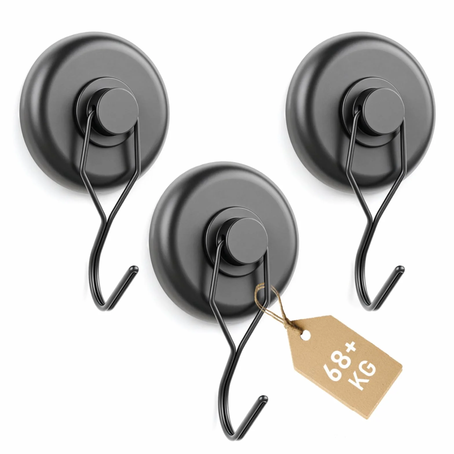 Haczyki magnetyczne, ekstra mocne, 42 mm, 68 kg, z magnesami neodymowymi, do ekstremalnych obciążeń w garażu i warsztacie, obrotowe i nierdzewne czarne, 3 sztuki