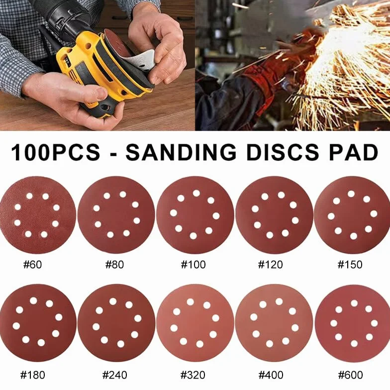 VIDOO Papier Ścierny Okrągły 125mm 5 Cali 8 Otworów Tarcze Szlifierskie na Rzep dla Polerowania Metalu Drewna i Usuwania Rdzy-100Pcs #180