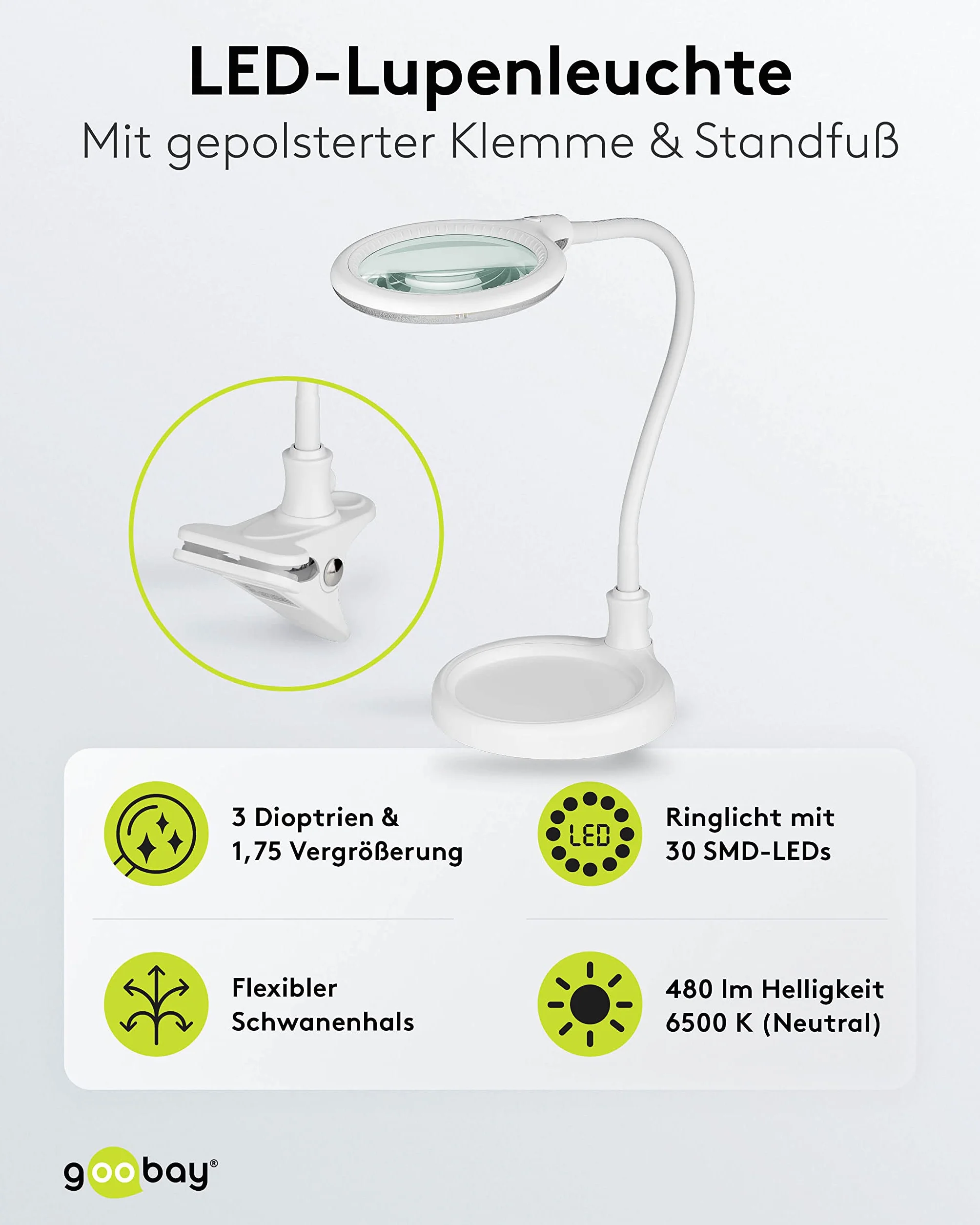 goobay 60359 LED lampa z lupą – lampa z lupą ze stojakiem – lupa stojąca – pobór mocy 6 W – temperatura barwowa 6200 K – strumień świetlny 480 lm, biała