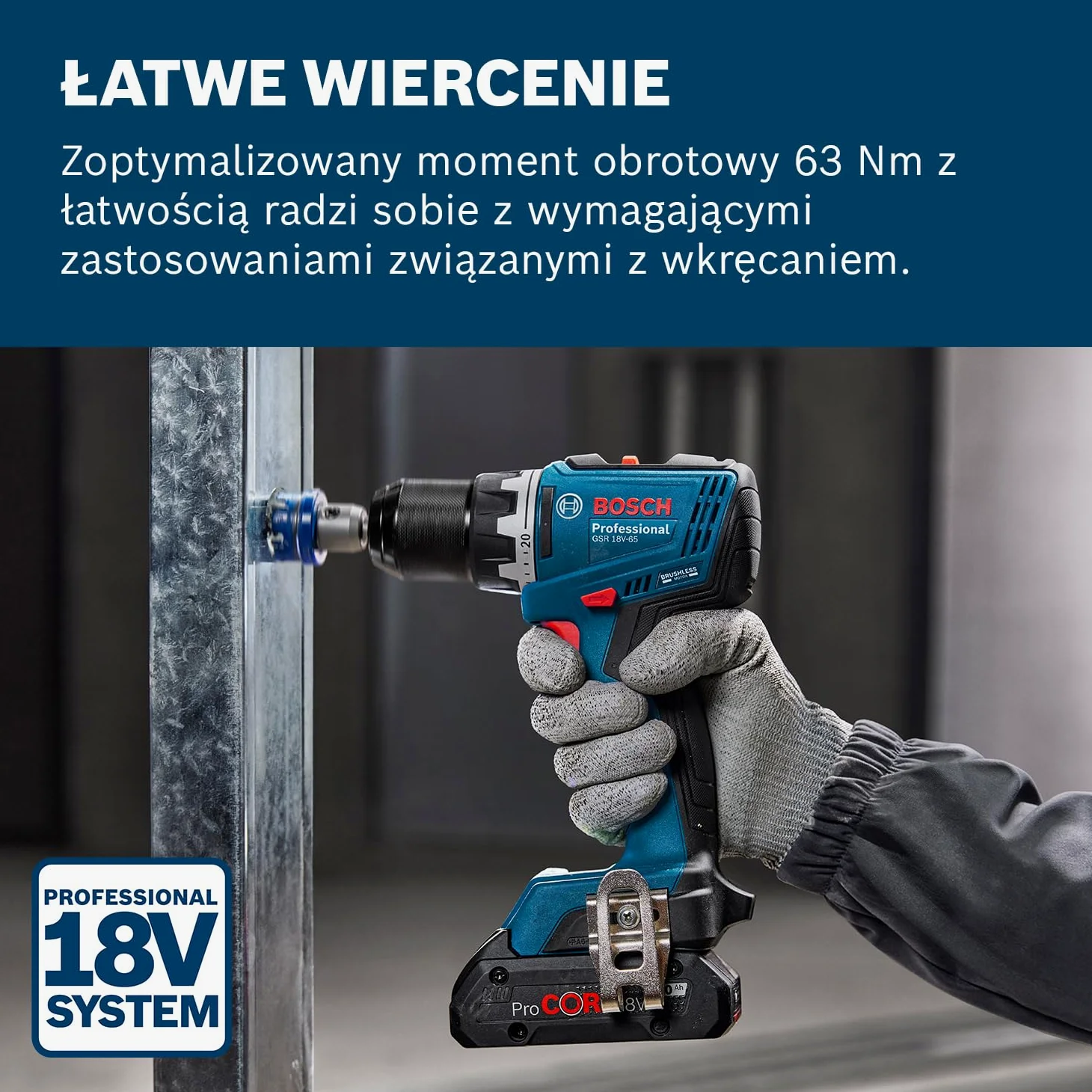 Bosch Professional 18 V firmy Bosch: wiertarko-wkrętarka akumulatorowa GSR 18V-65 (silnik bezszczotkowy, długość korpus 166 mm)
