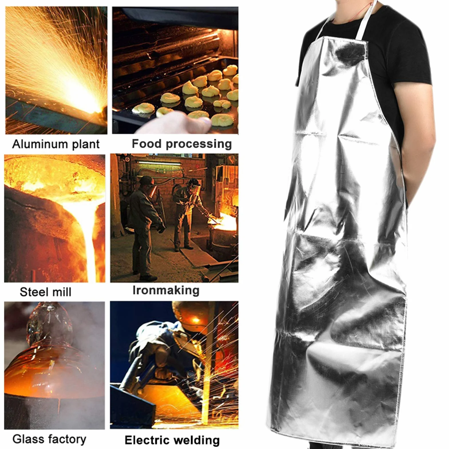 KUIDAMOS Fartuch odporny na ciepło, Fartuch aluminiowy 1000 ° C Odporny na ciepło Styl Koronki Trwały Promieniowanie Termiczne do użytku w pracy