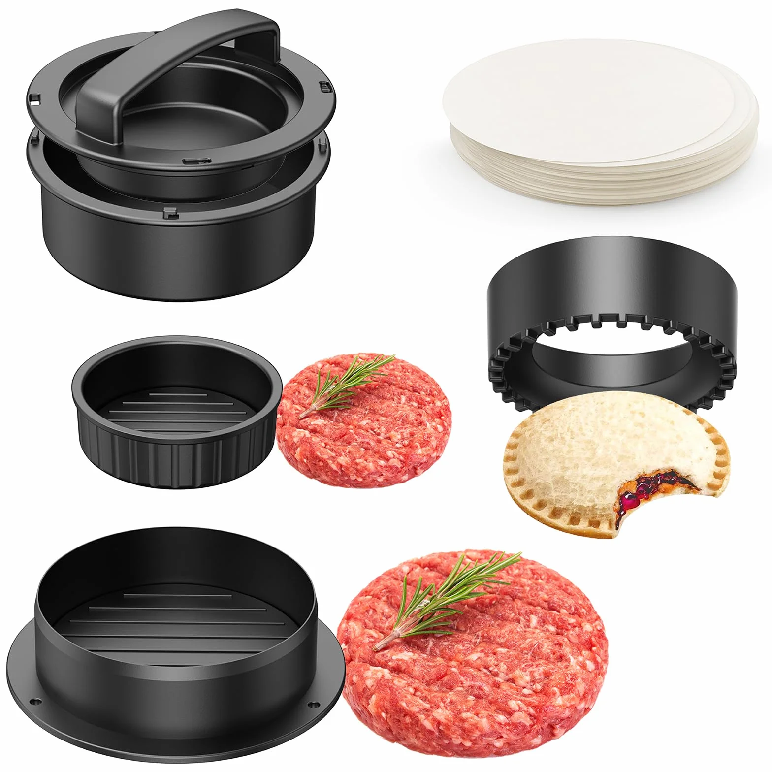 Prasa do hamburgerów 4 w 1 Patty-Maker Slider z 100 płytami papieru woskowego