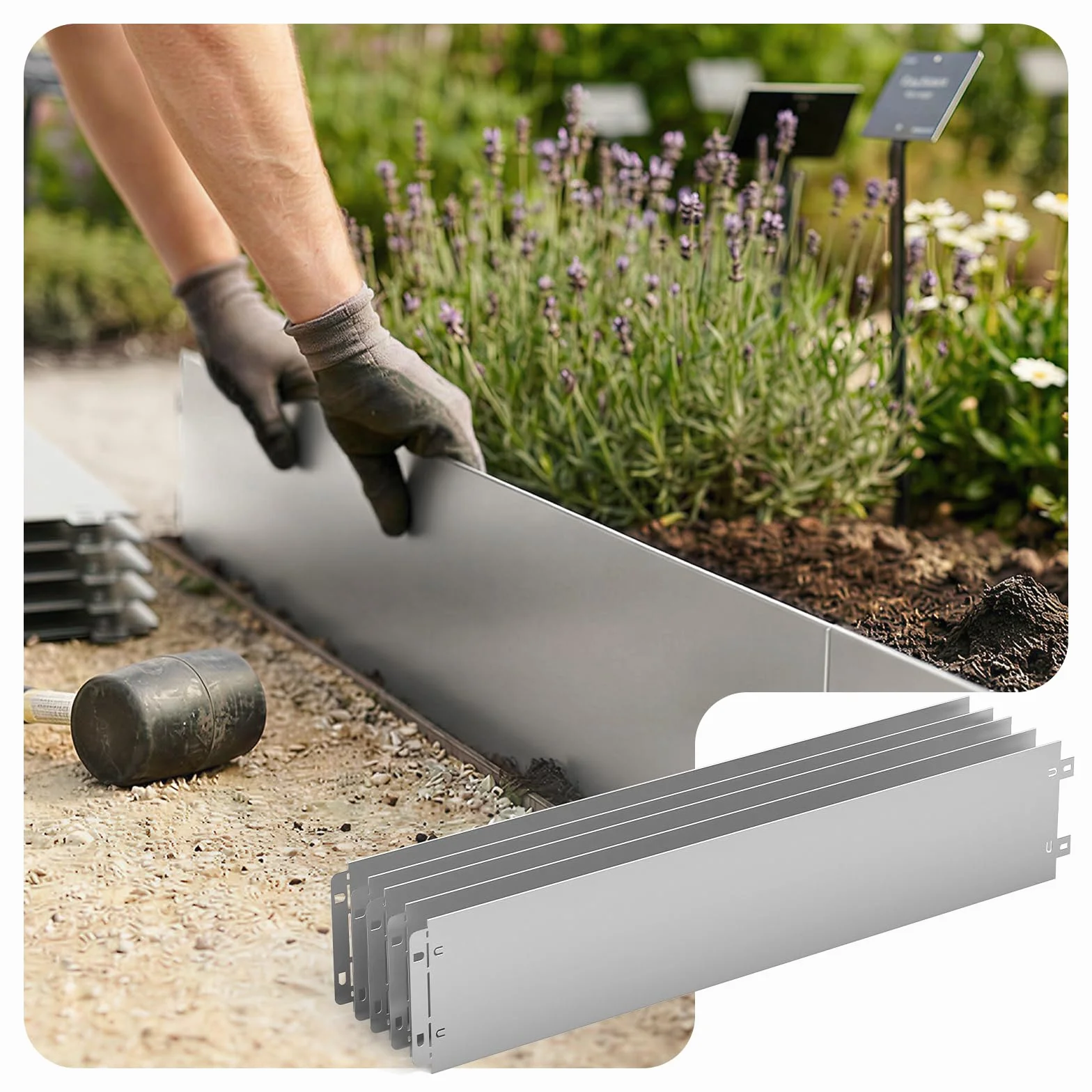 VOUNOT Obrzeże trawnikowe metalowe ocynkowane 10m, 100cm x 18cm, 10 sztuk