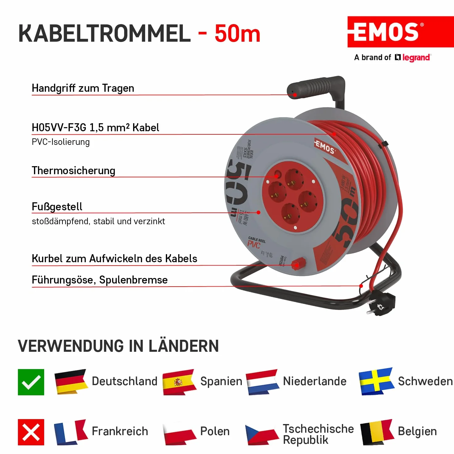EMOS Bęben kablowy 50 m 4 gniazda Schuko 230 V 16 A 3680 W H05VV-F3G 1,5 mm² IP20