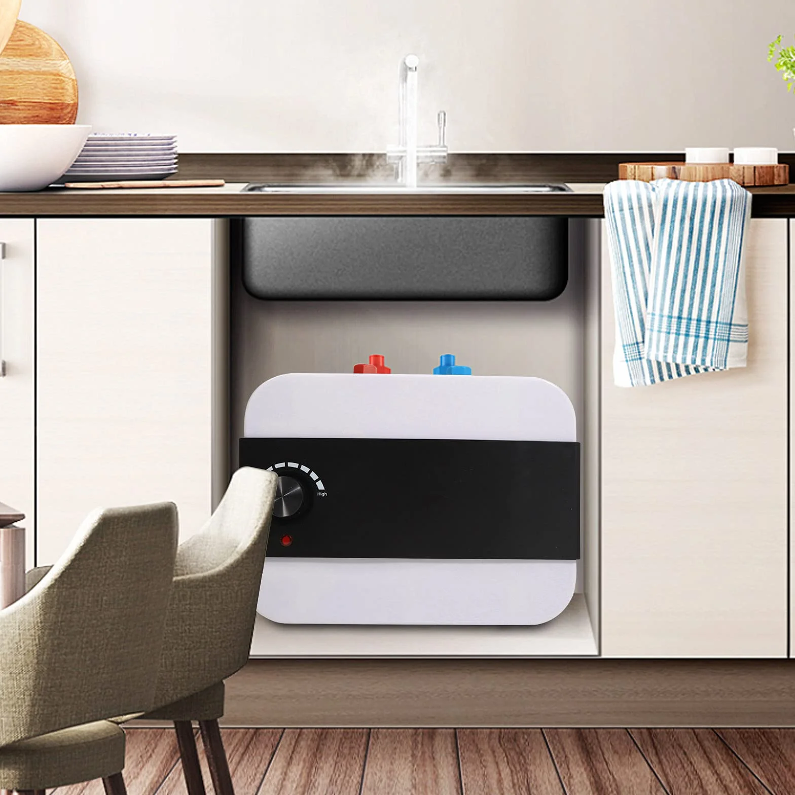 Elektryczny podgrzewacz wody 1500 W, 6 l, podgrzewacz wody, bojler górny, montaż pod stołem, biały