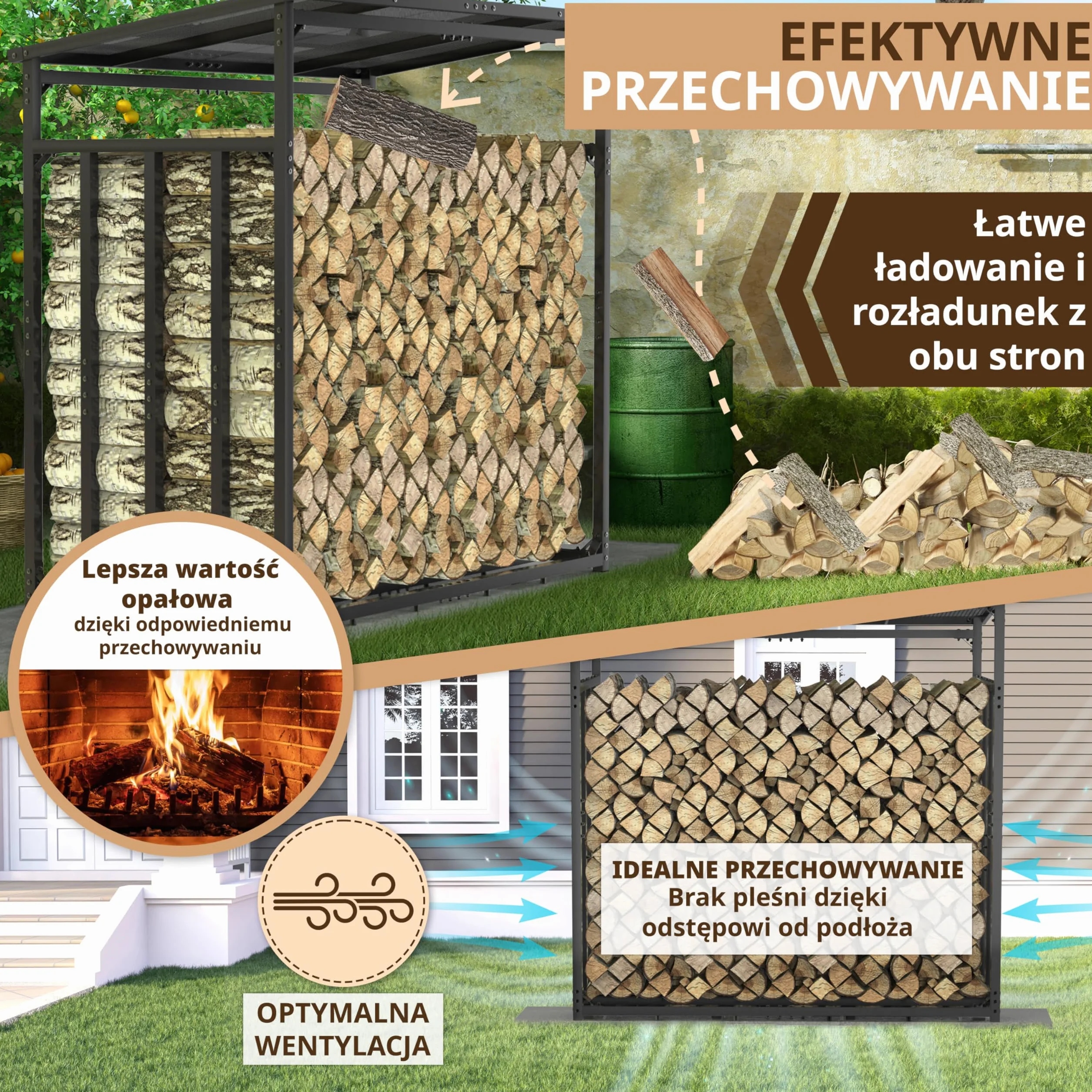 Stojak regał na drewno kominkowe 185x105x185 cm metalowy ocynkowany zadaszony antracytowy 3,5 t 5,25 m³