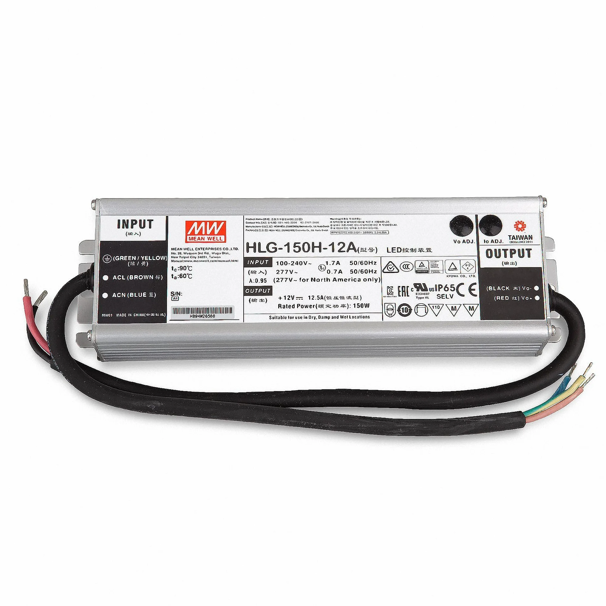 Mean Well HLG-150H-12A LED zasilacz sieciowy transformator SNT 12 V/DC/0-12,5A / 150W IP65 transformator oświetlenia
