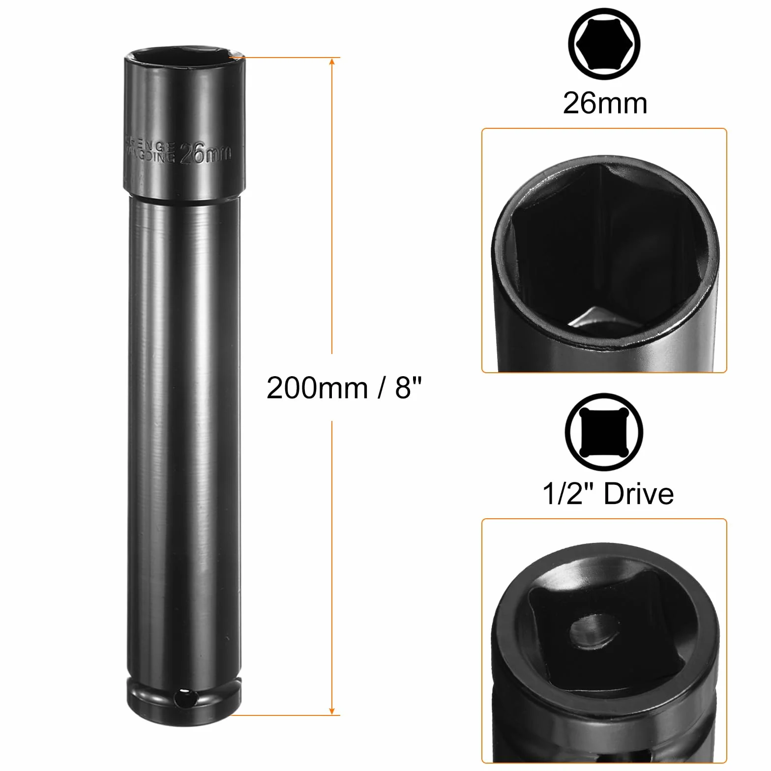 QUARKZMAN Deep 6-punktowy śrubokręt udarowy 1/2", napęd 26 mm, metryczny klucz nasadowy 8" długość z adapterem sześciokątnym 1/4", zestaw narzędzi ze stali CR-V, zestaw narzędzi do śrub sześciokątnych