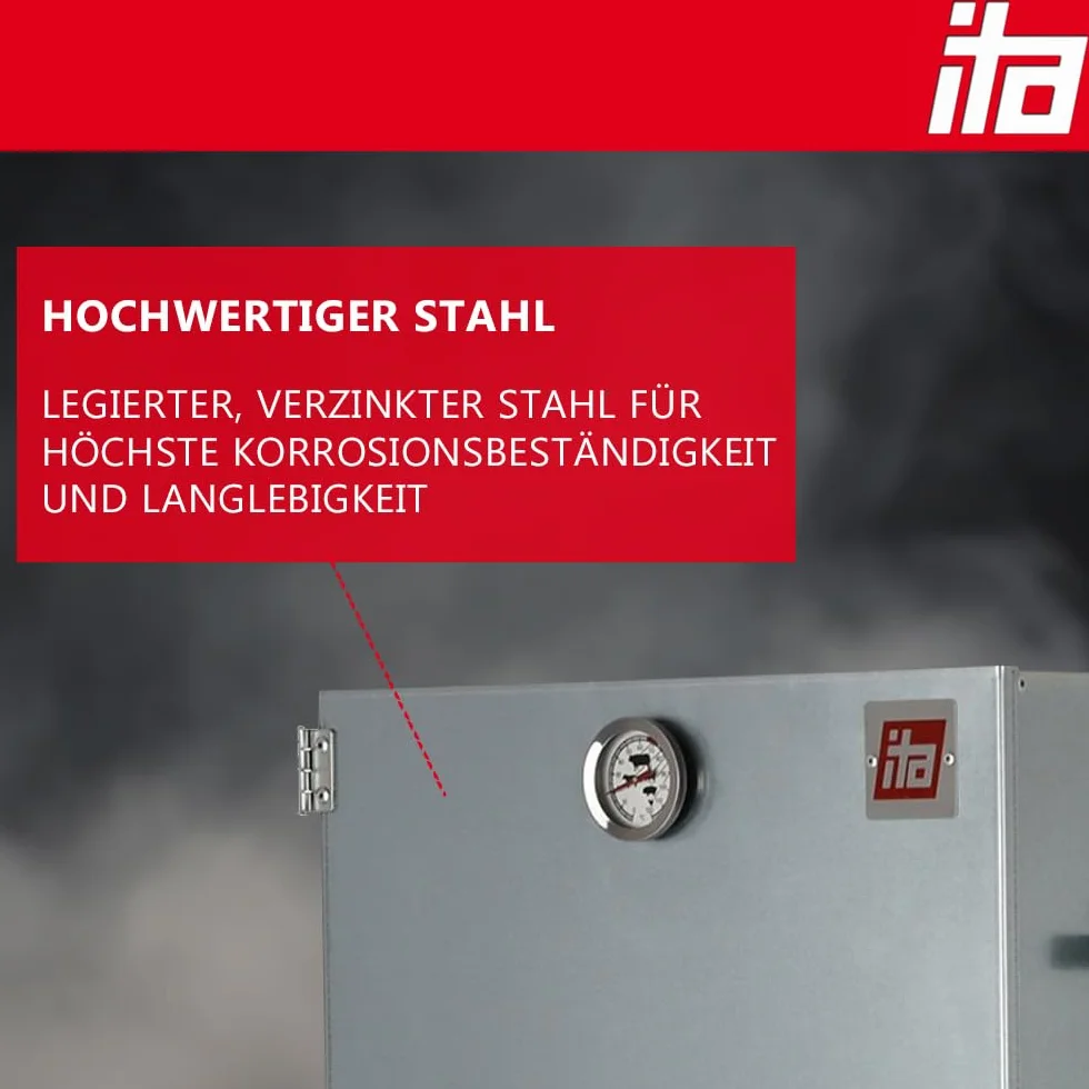 ITA Elektryczny piec wędzarniczy 7003 – zestaw wędzarniczy z ogrzewaniem, generator dymu – szafka wędzarnicza XL z termometrem – stal stopowa – jakość UE, bezpośrednio od producenta – 111 cm z 4