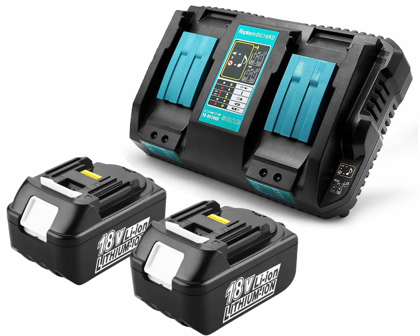 2x BL1850B 18V 5Ah zapasowy akumulator z ładowarką DC18RD podwójna szybka ładowarka do Makita 18V BL1850B BL1860B, Makita Radio DMR108 DMR110 DUH523Z DUC353Z