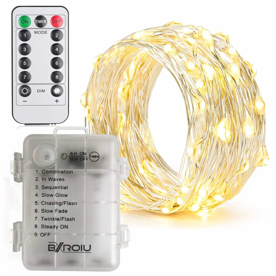 BXROIU Łańcuch świetlny LED na baterie, srebrny drucik, 2 × 50 diod mikro LED, 8 trybów świecenia z pilotem i funkcją timera, dekoracyjne lampki do wnętrz i na zewnątrz (ciepła biel)