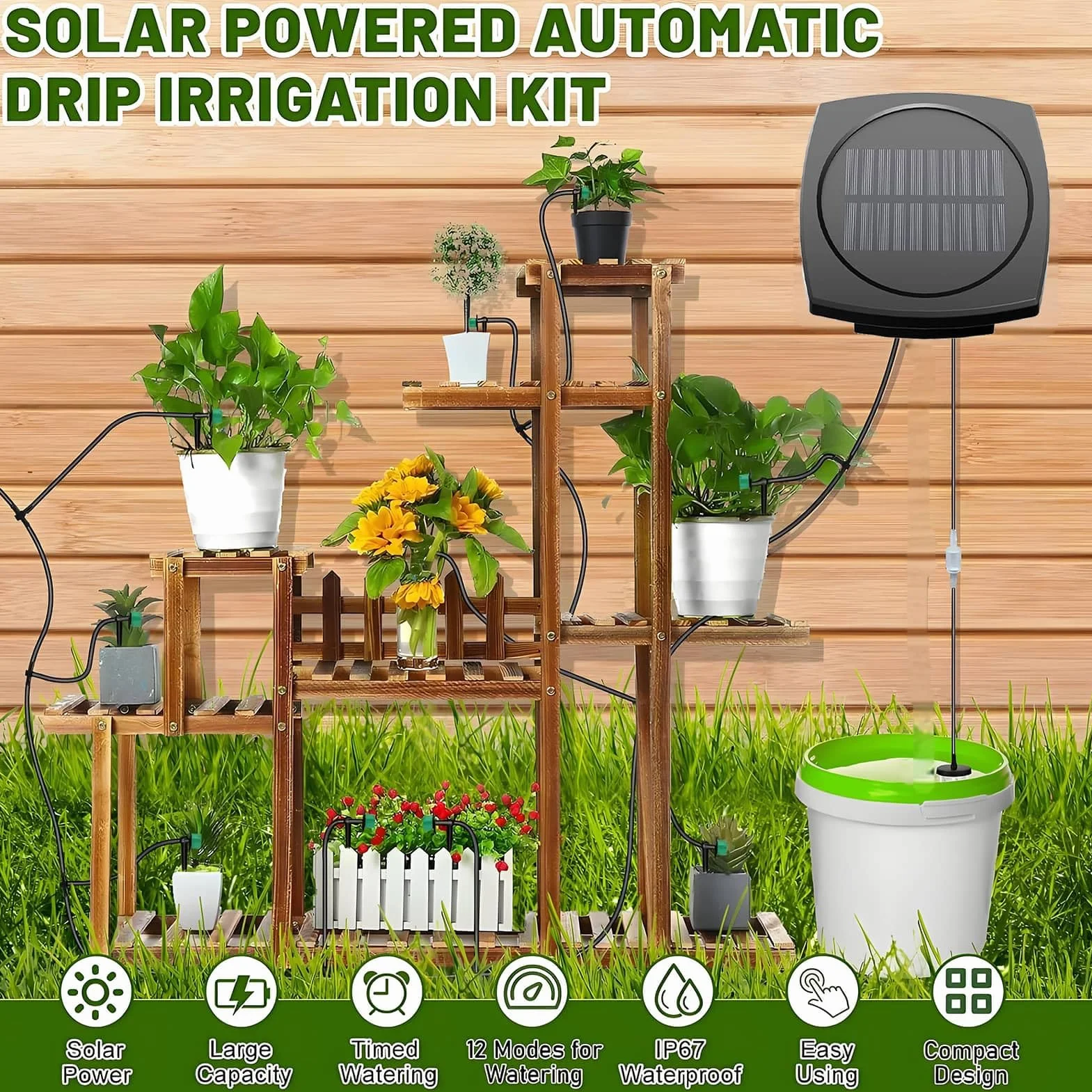 Yowin Automatyczny system nawadniania ogrodu solarnego z timerem, wąż 15 m, zraszacz do roślin