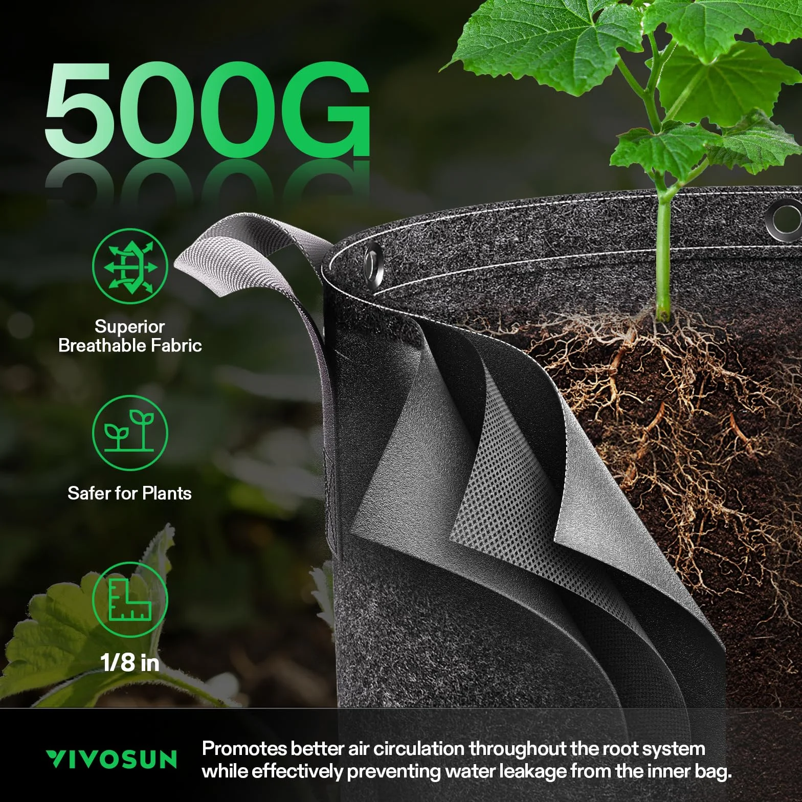 VIVOSUN 5 sztuk worków do wzrostu roślin 360 g pogrubiona włóknina z uchwytami