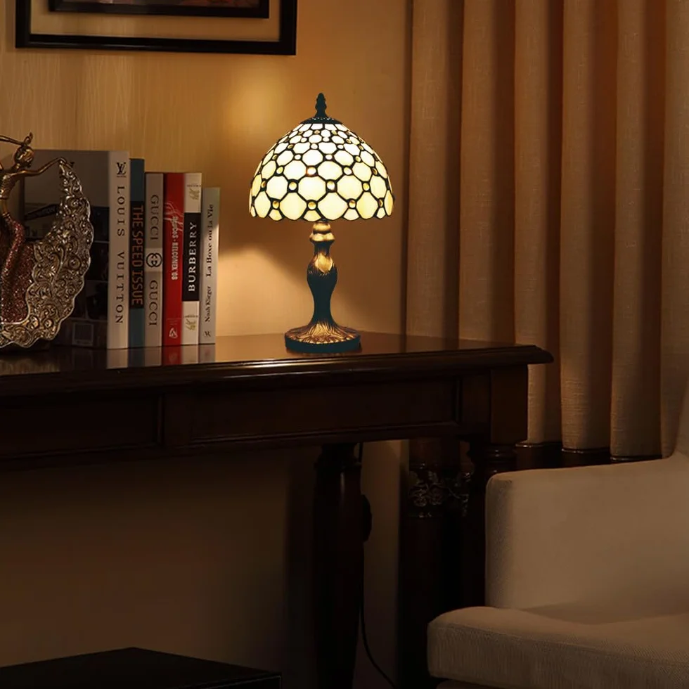 Styl Tiffany 8 cali Lampa stołowa Witraże Koraliki Abażury Mała lampka nocna Czytanie Antyczne Lampka na biurko Salon Sypialnia Biuro Vintage Art Deco Wiktoriańskie