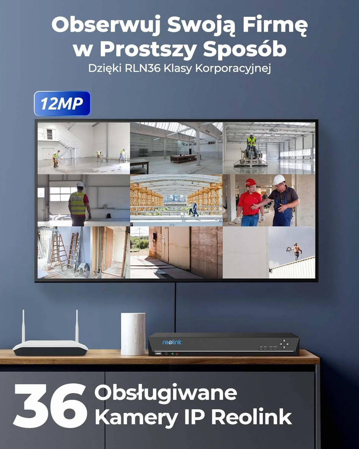 Reolink RLN36 12MP 36-kanałowy NVR CCTV system, 3 sloty HDD, obsługa kamer IP 12MP/4K, alarm O/I
