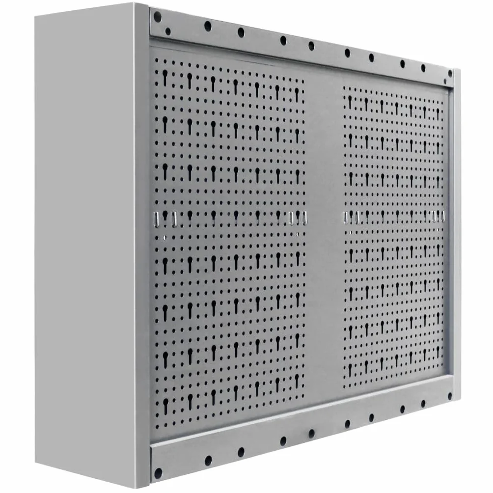Szafa narzędziowa ścienna w stylu przemysłowym, metalowa, szara, czarna, z 2 półkami, płytą perforowaną, zamykanymi drzwiami, 80 x 19 x 60 cm, idealna do warsztatu, garażu, dla majsterkowiczów do