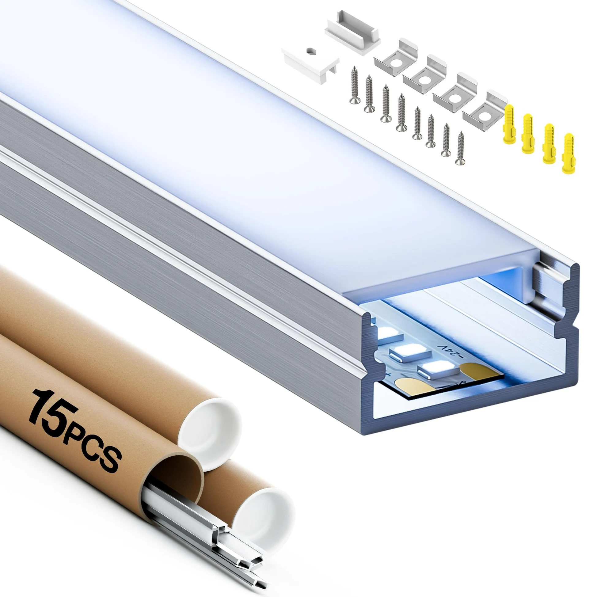 Shine Plus Profil aluminiowy do taśm LED, 15 x 2 m szyna LED, profil U z matową osłoną, maksymalne wymiary 17 mm, wymiary 19,7 mm x 10 mm.