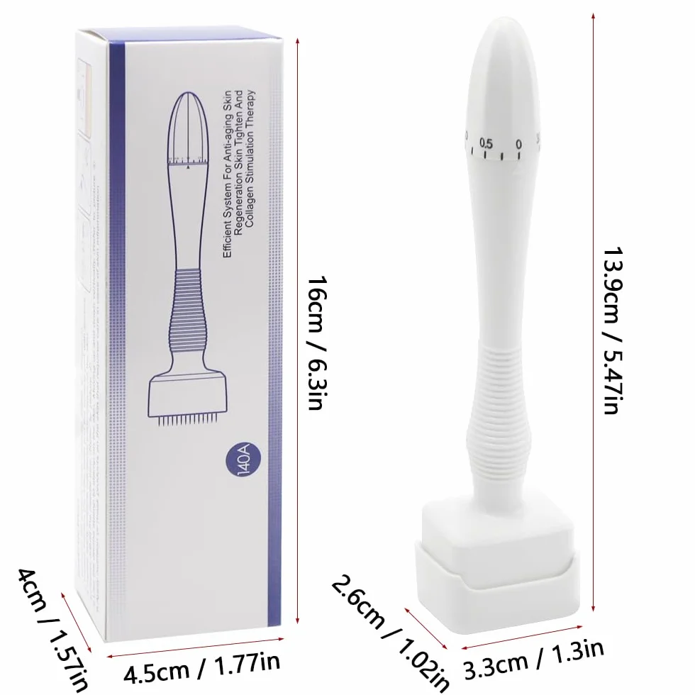 Derma Stamp 140 pinów, 0-3 mm, regulowany mikroigłowy, typ do twarzy, włosów, zarostu brody (antypoślizgowy uchwyt)