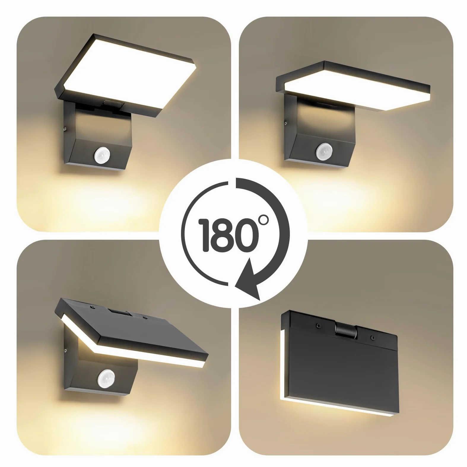 Nowoczesna lampa ścienna LED 36 W, z czujnikiem ruchu, ciepła biel 3000 K, wodoodporna IP65, obracany panel LED, na taras, do ogrodu, na balkon, 2 szt