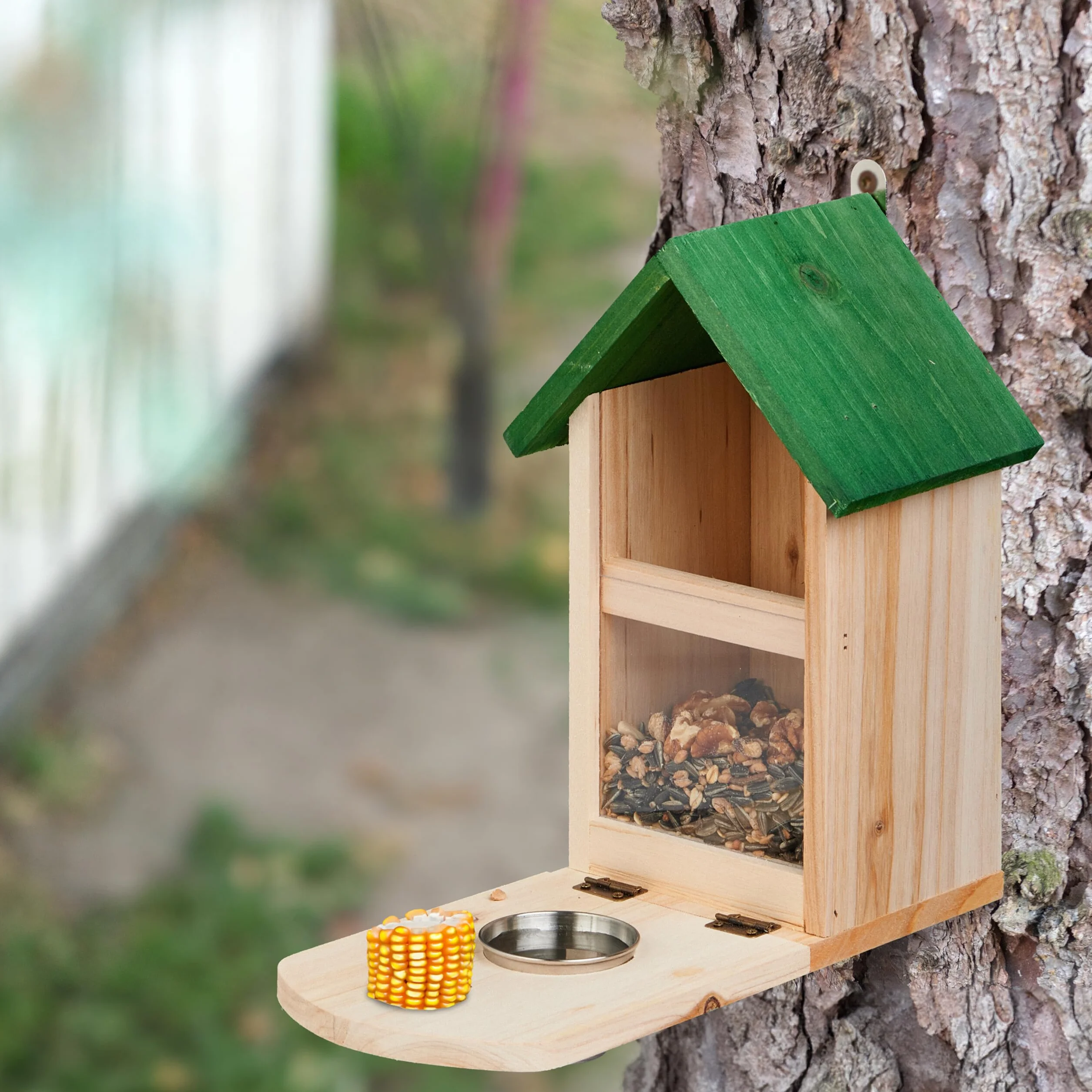 Relaxdays Karmnik dla wiewiórek, drewno, stacja do karmienia wiewiórek z uchwytem na kolbę kukurydzy, miska, platforma do siedzenia, naturalna/zielona, 1 sztuka