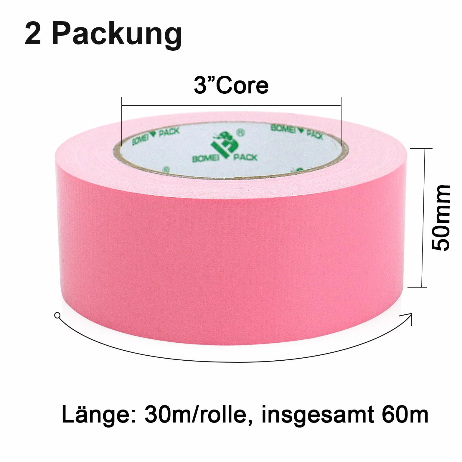 BOMEI PACK Różowa taśma pancerna, wodoodporna, 50 mm x 30 m, 2 rolki, różowa taśma pancerna, taśma klejąca z tkaniny, bardzo mocna, wodoszczelna taśma klejąca