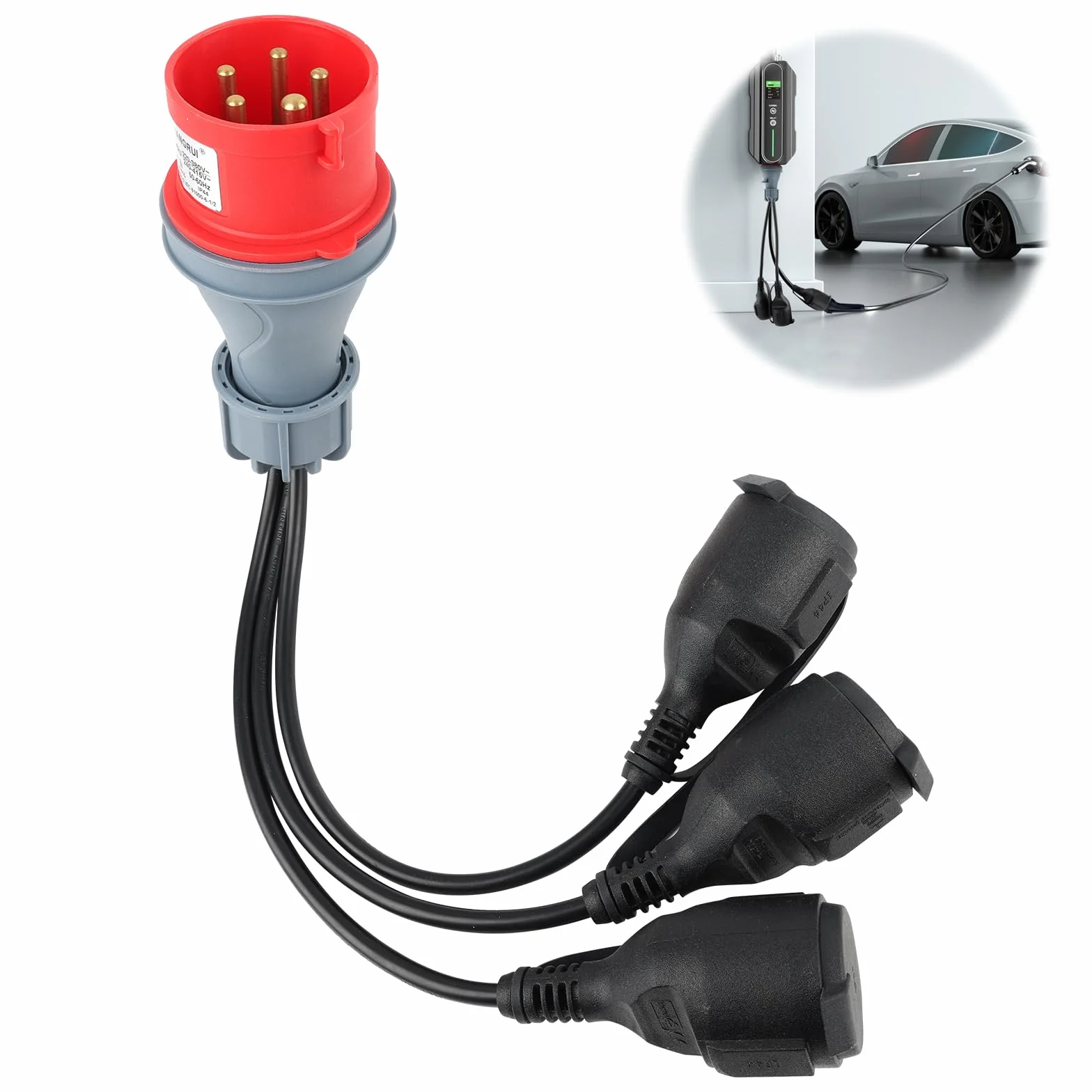 CEE Adapter rozdzielacz prądu 400 V, 16 A, wtyczka na 3 x 230 V, przedłużacz, kabel przedłużający, kempingowy przewód adaptera CEE z pokrywą na zawiasach i wtyczką z zestykiem ochronnym