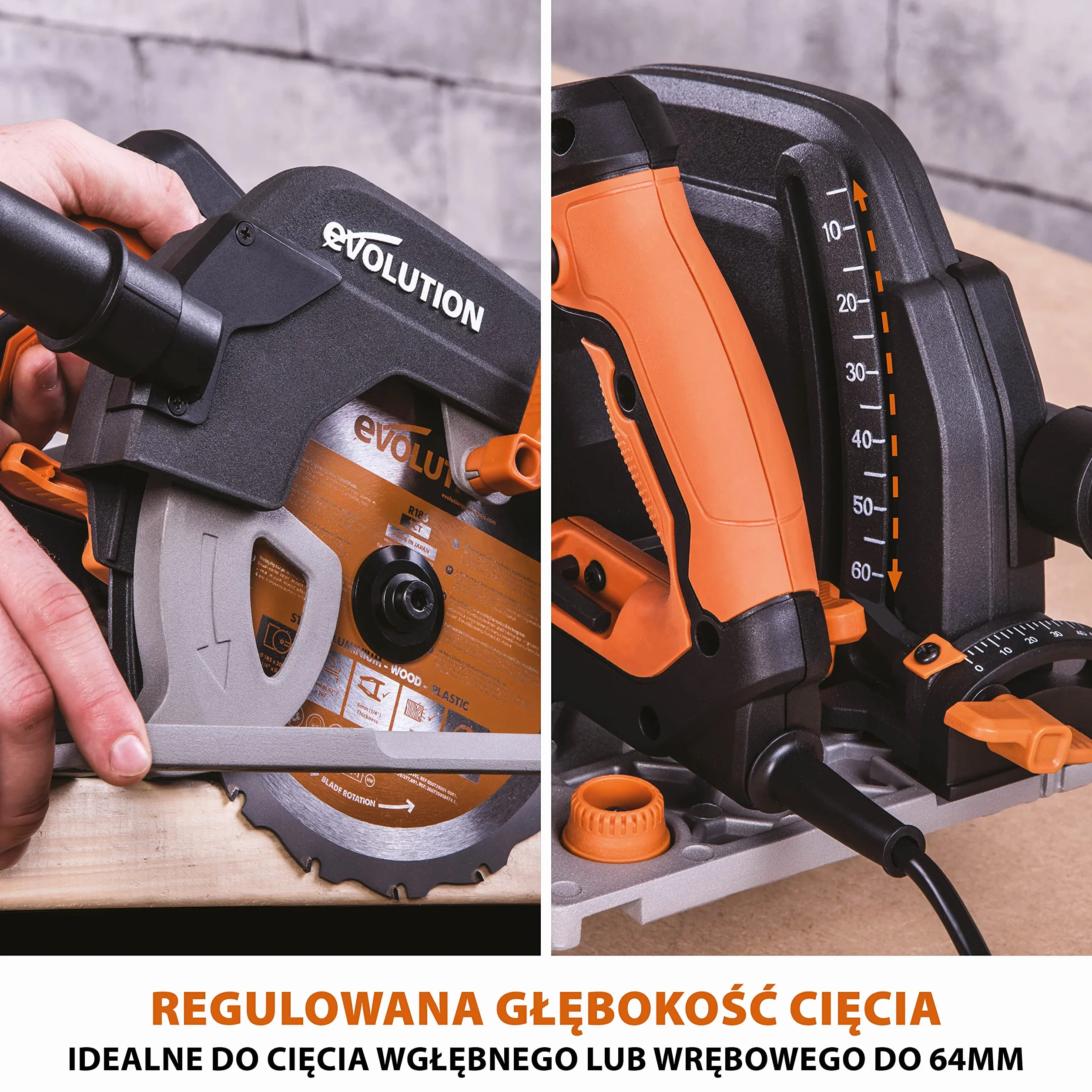 Evolution Power Tools R185CCSX Piła tarczowa i prowadnica do różnych materiałów, tnie drewno, drewno z gwoździami metal stal aluminium plastik, opcja odchylenia, w zestawie prowadnica 1020 mm, 185 mm