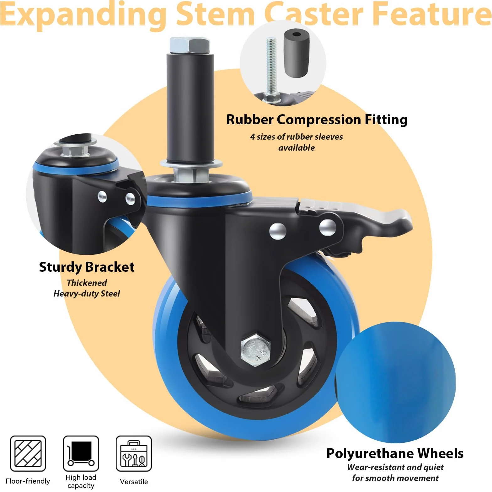 Zestaw kółek obrotowych, 100 mm, kółka do dużych obciążeń z mechanizmem blokującym, 4 sztuki, z adapterem rozszerzającym 23-40 mm