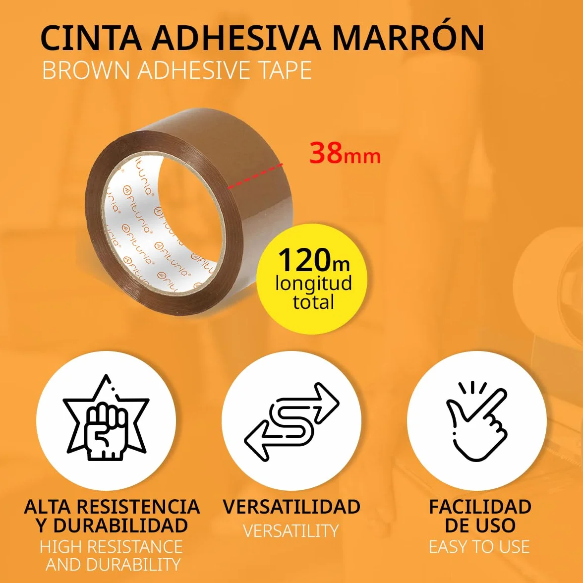 OFITURIA Taśma do pakowania, brązowa taśma samoprzylepna, taśma do pakowania pudełek przeprowadzkowych i wysyłkowych, taśma klejąca do pakowania, bezpieczna i wytrzymała uszczelka do pakowania (38 mm
