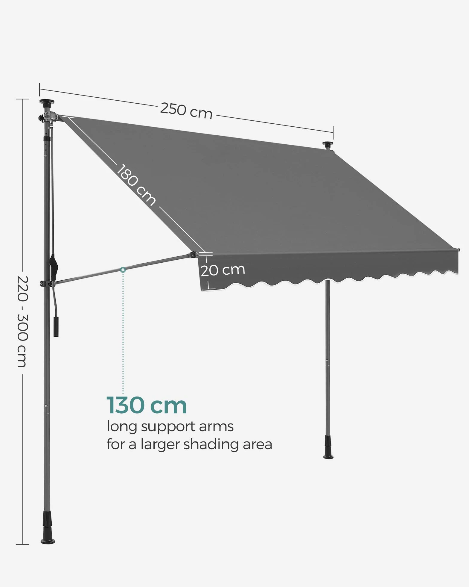 SONGMICS Markiza zaciskowa, 250 x 130 cm, markiza balkonowa z regulacją wysokości, z korbą ręczną, ochrona przed słońcem, na balkon, taras, do ogrodu, antracytowa GSA253G02