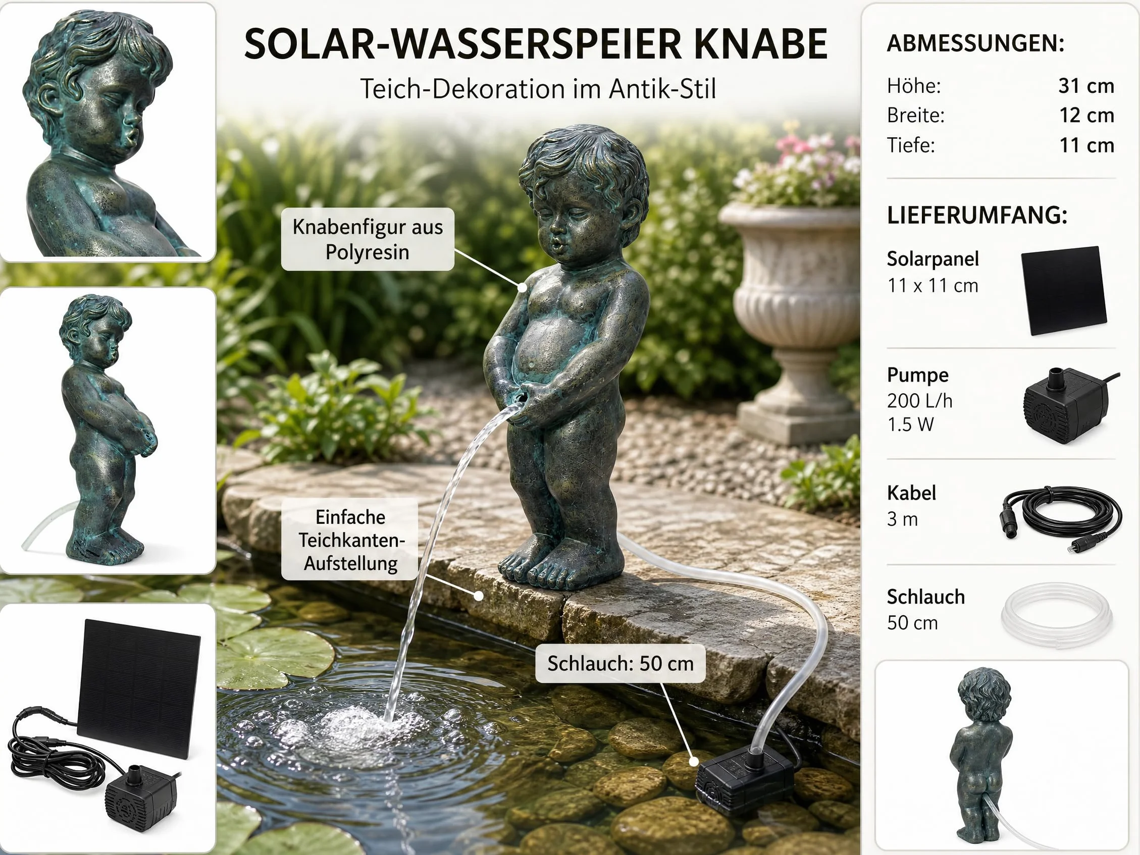 Arnusa fontanna solarna figurka do stawu z pompą solarną 11 x 12 x 31 cm