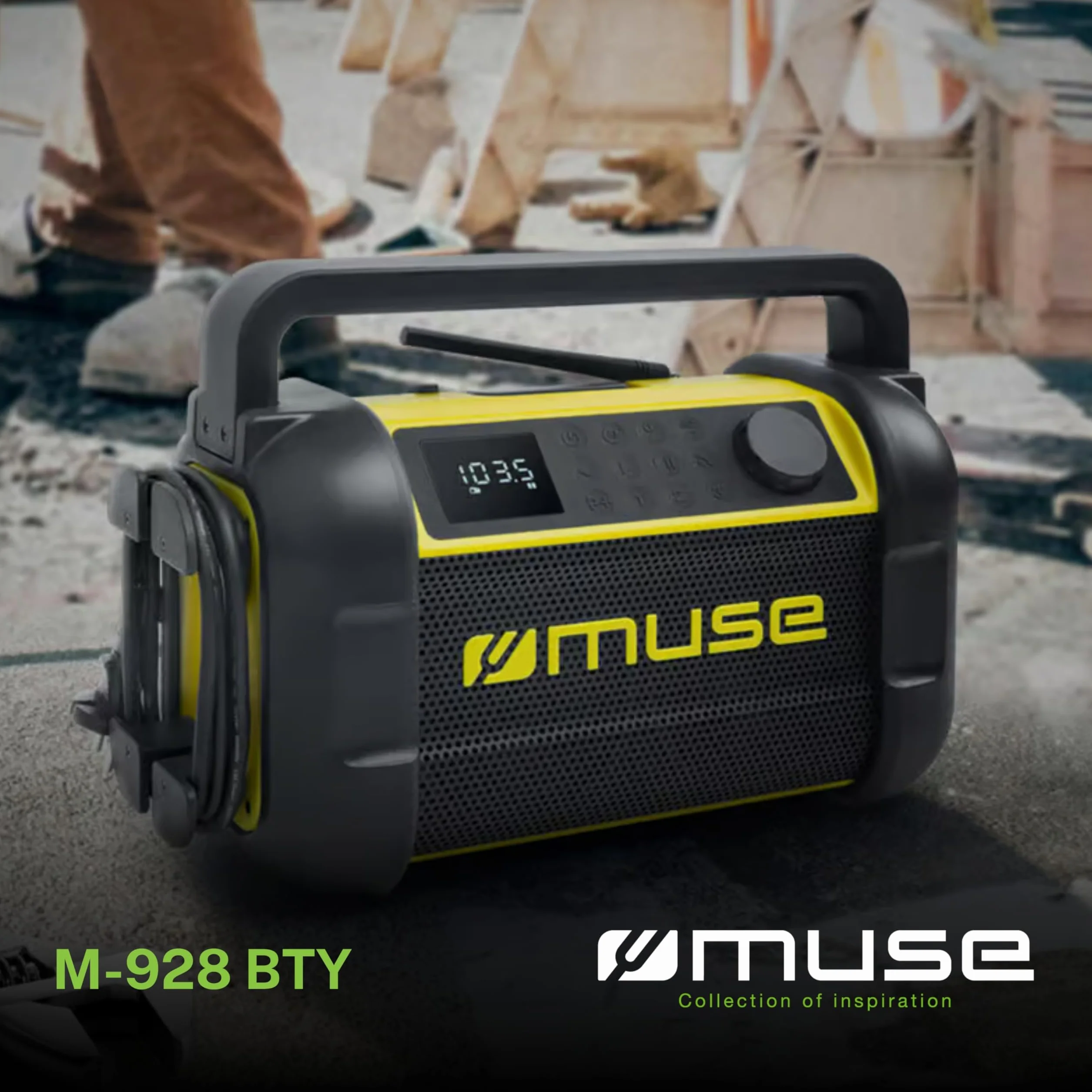 Muse M-928 BTY radio na plac budowy, wytrzymałe, odporne na kurz i wodę bryzgową (IP64), z Bluetooth i radiem FM, zintegrowaną ładowarką i złączem USB-C, czarno-żółte