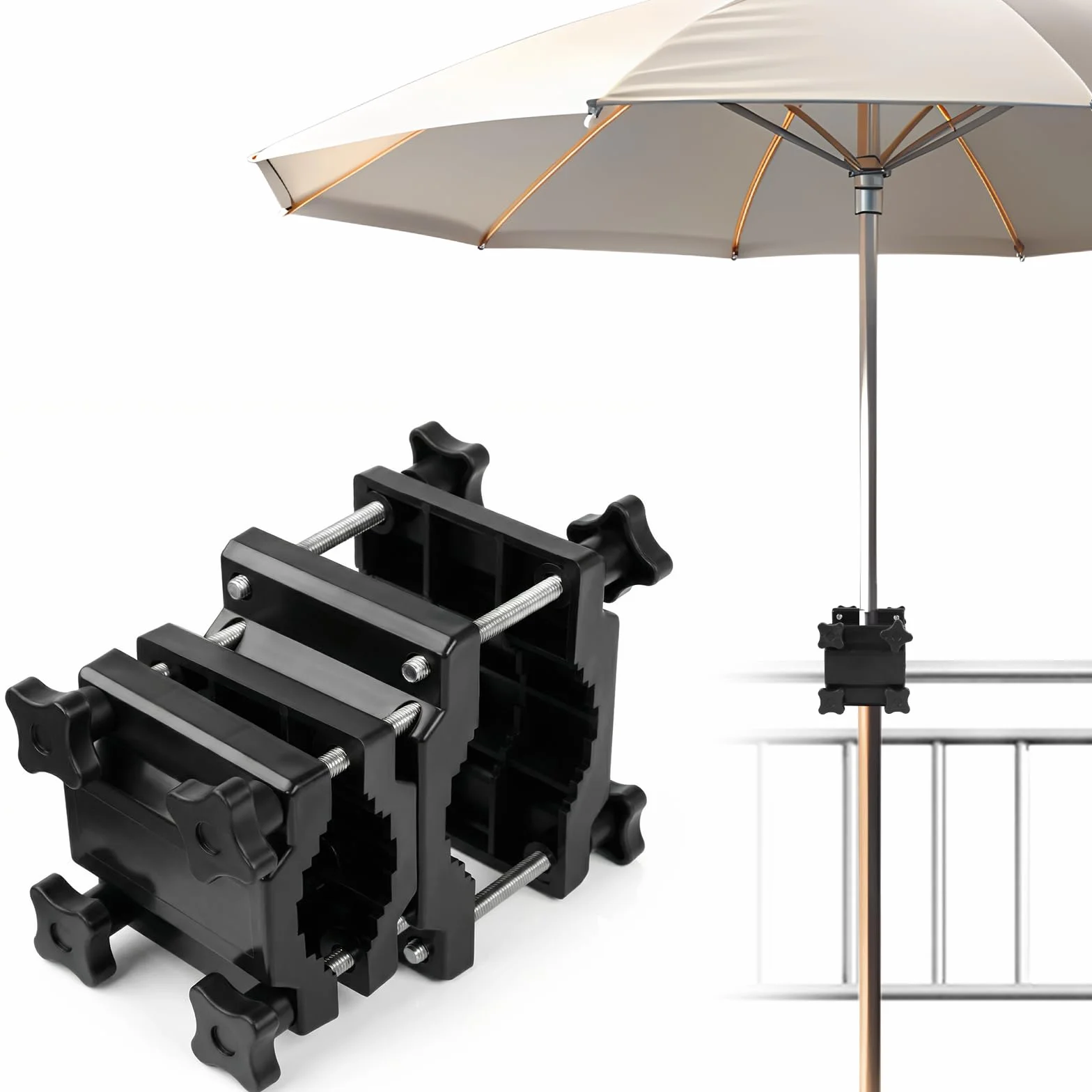 Uchwyt na parasol przeciwsłoneczny, poręcz balkonowa – regulowany, uniwersalny uchwyt na parasol Ø 22-38 mm, pasuje do prostokątnych (25-60 mm) i okrągłych (Ø 25-40 mm), duża siła zacisku i wysoka
