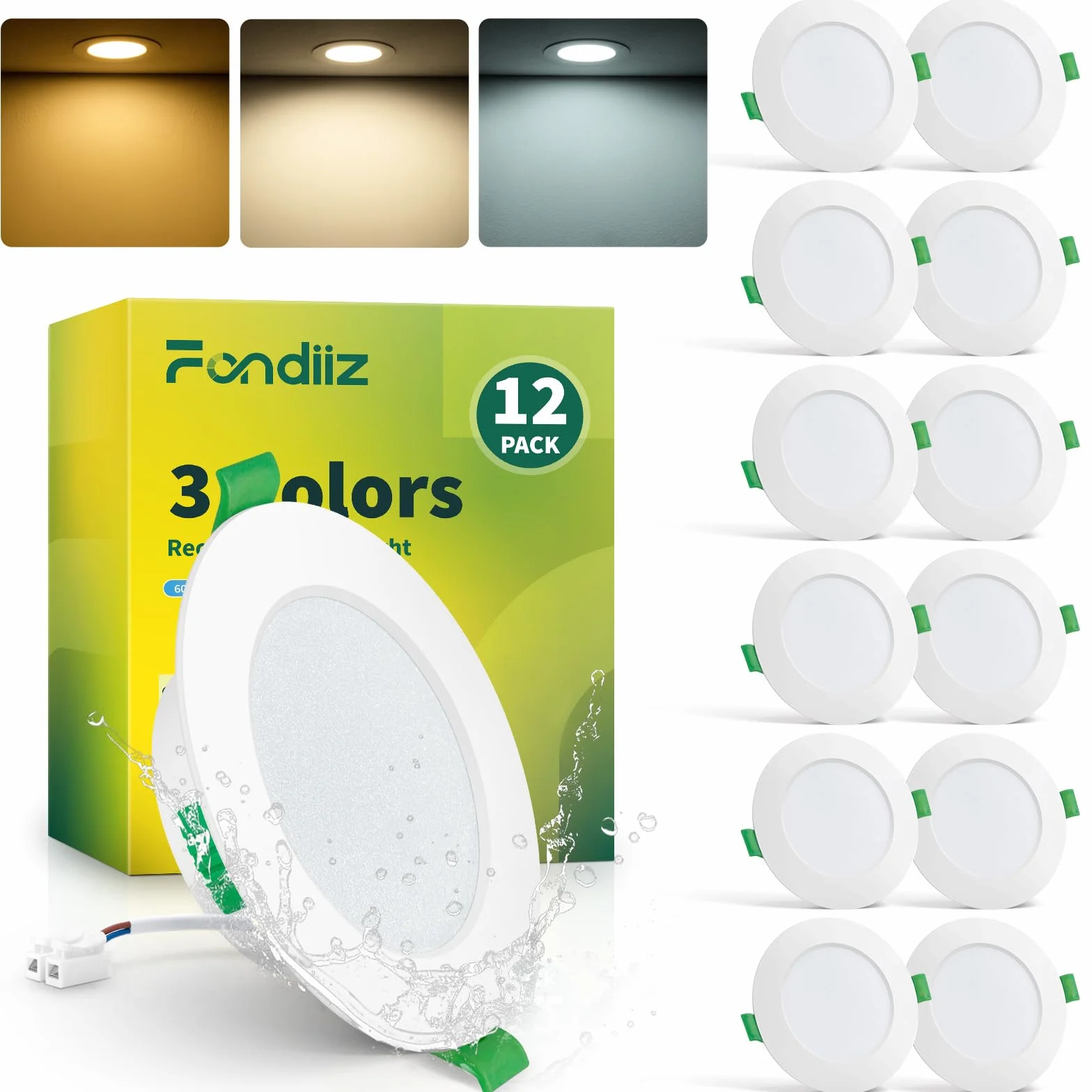 Fondiiz Zestaw 12 wpuszczanych reflektorów LED 6 W, 220 V, bardzo płaska biel 2700 K, neutralna biel, 4000 K, zimna biel, 6000 K, regulowany, reflektor łazienkowy, IP44, do salonu, kuchni, okrągły