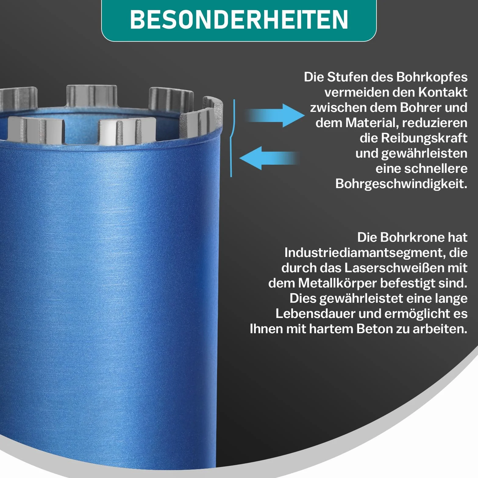 Diamentowa koronka wiertnicza do wiertarki rdzeniowej, Turbo wiertło rdzeniowe z SDS-Plus - 1 1/4" - Ø 62 mm - długość całkowita 460 mm - ze stopu metalu - wiertło do puszek na sucho do betonu