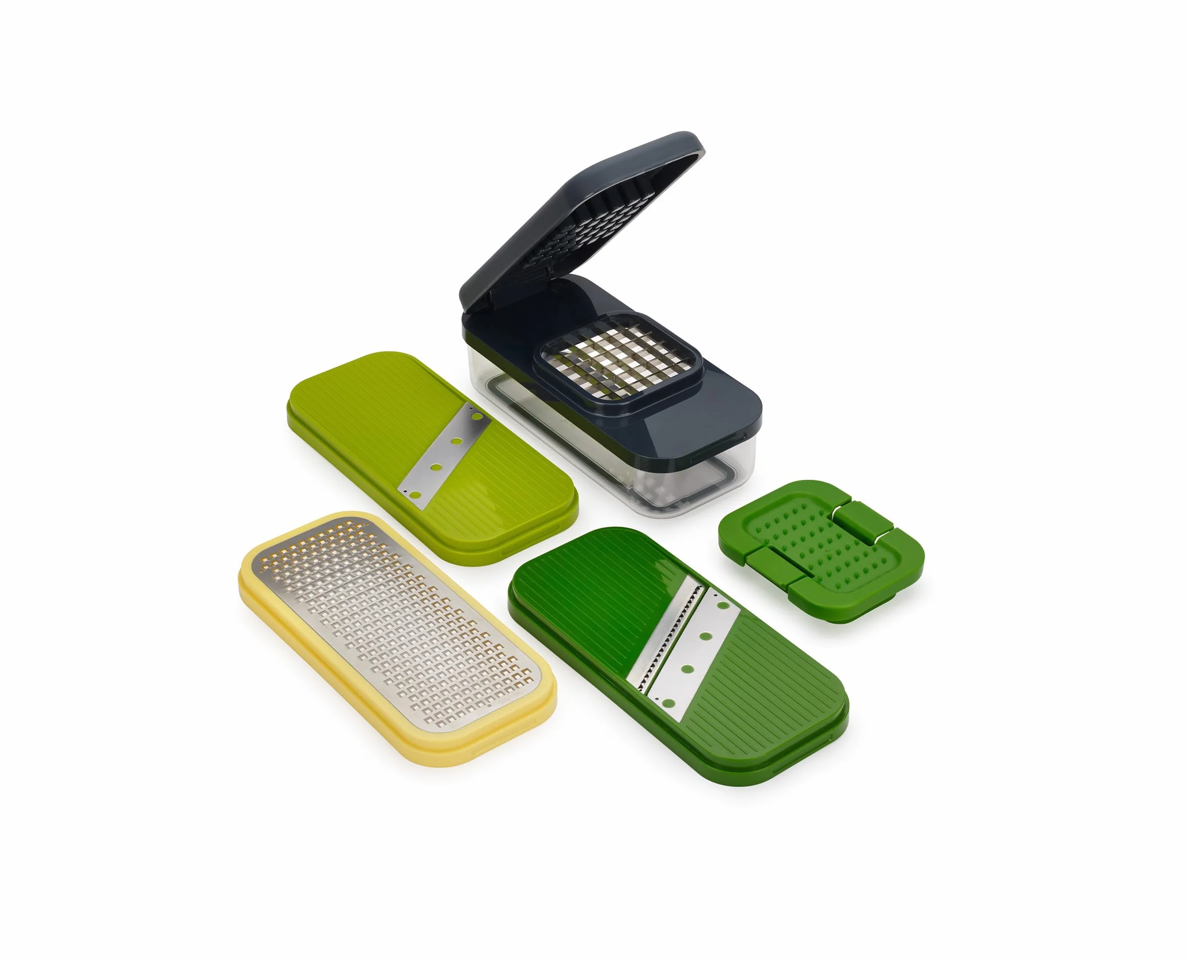 Joseph Joseph Multi-Prep wielofunkcyjny zestaw 4w1, kuchenny rozdrabniacz i obieraczka do warzyw, tarka do sera, krajalnica do warzyw Mandoline, krajalnica do żywności Julienne z pojemnikiem zbiorczym