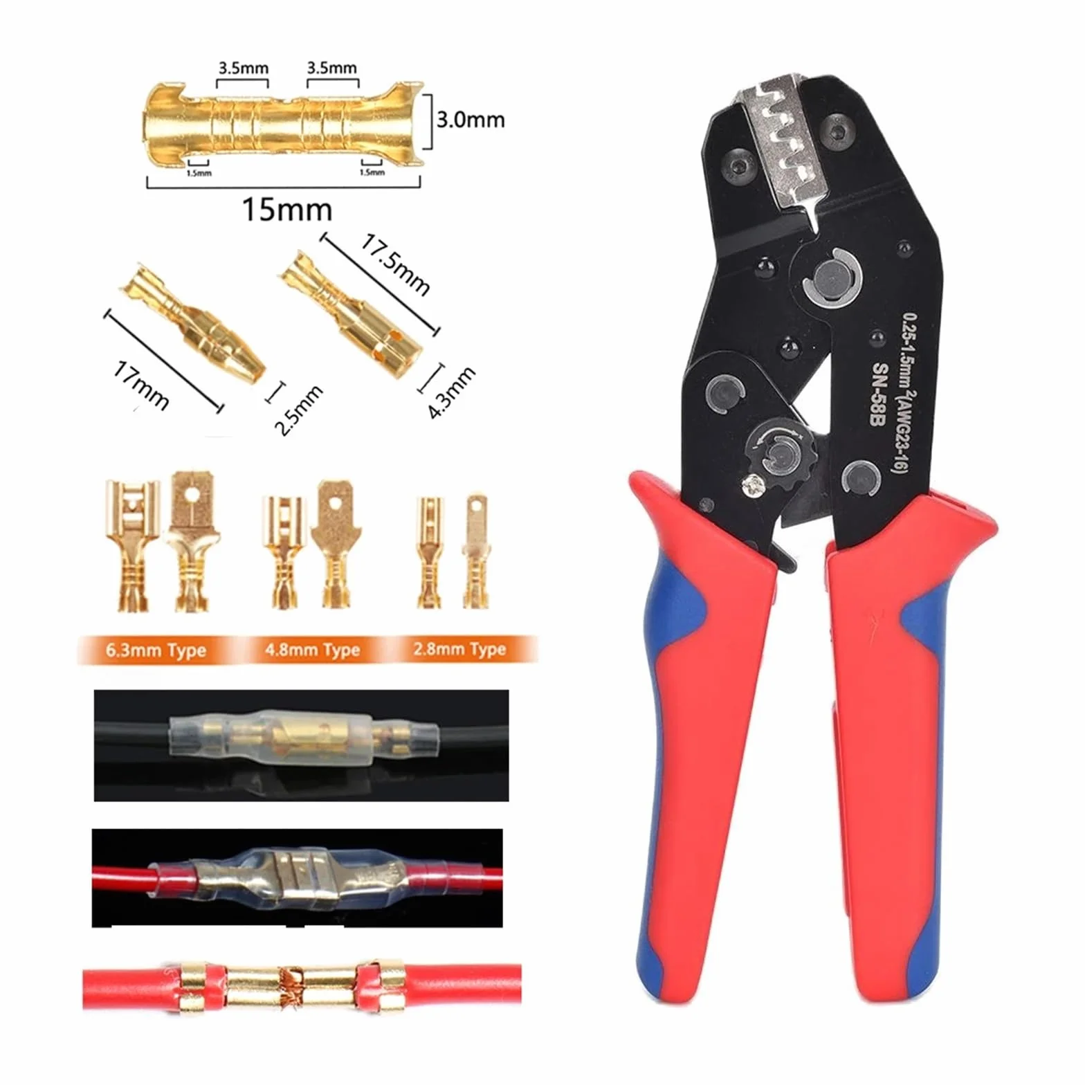 Wire Terminal Crimping Tools Kit,Ratcheting Crimp Plier 500 Female Male Spade Connectors&Bullet Terminals Set Hand Crimper(SN-58B)
