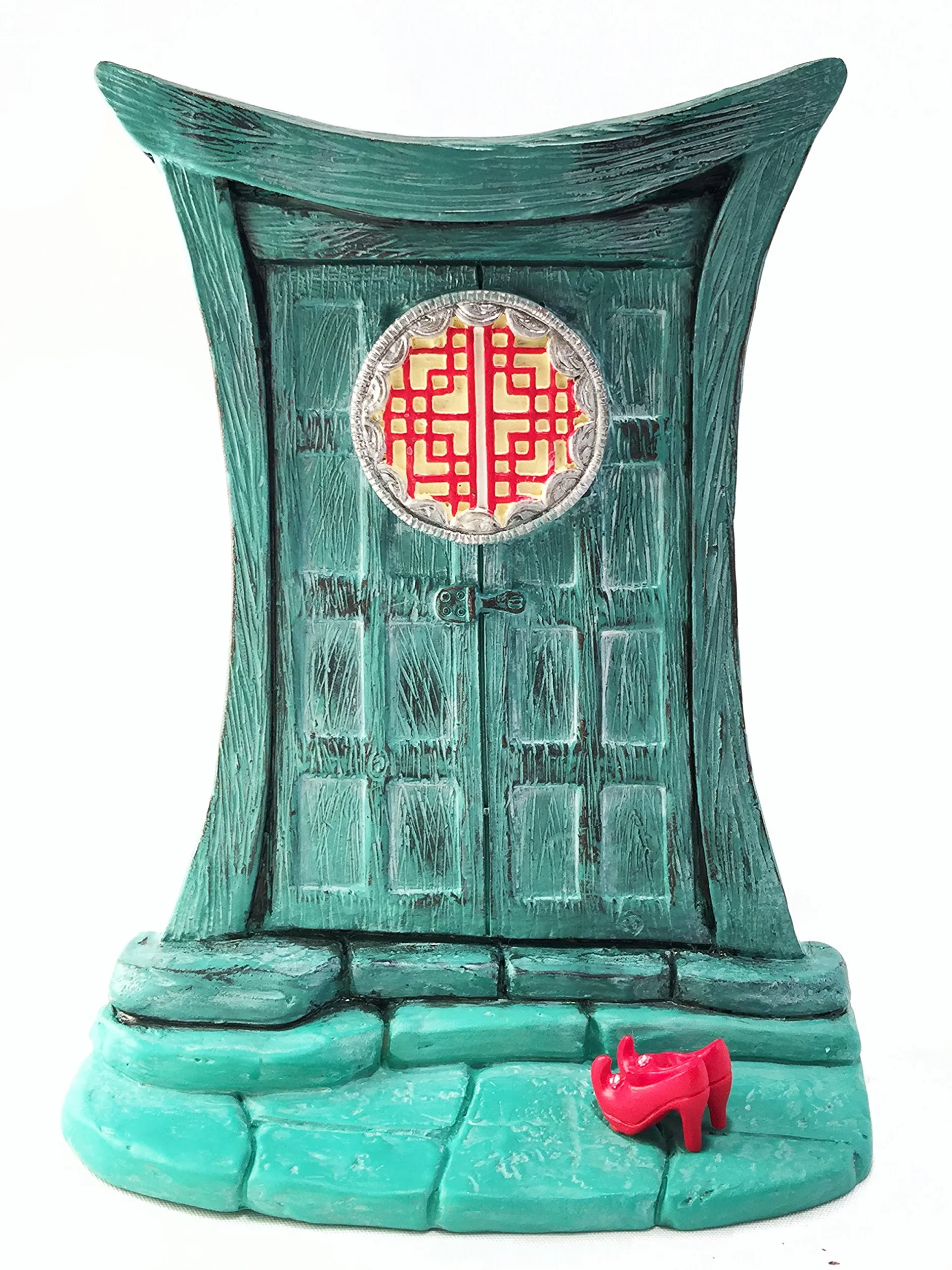 Miniaturowe drzwi wróżki zen turkusowe azjatyckie z czerwonymi butami