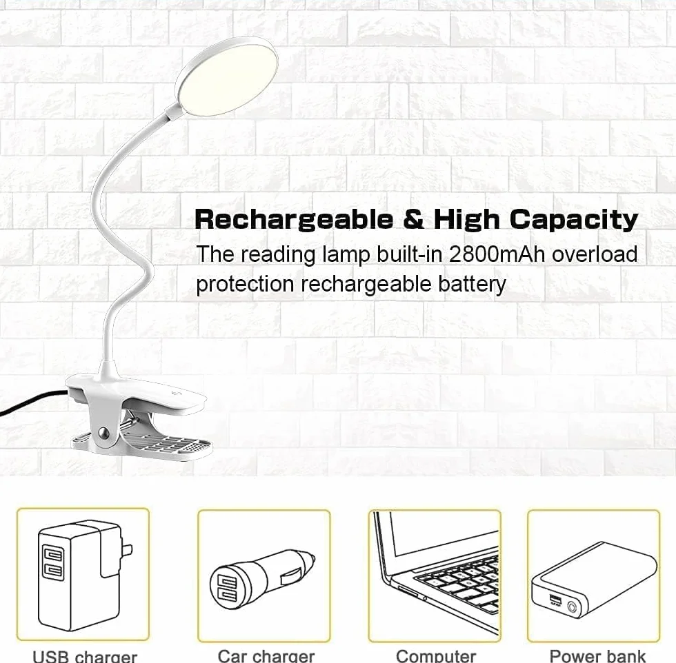 Lampa zaciskowa do łóżka, 360°, elastyczna lampka do czytania, zacisk 3 poziomy jasności, 3 temperatury barwowe, ściemniana lampa na łóżko ze sterowaniem dotykowym, ładowanie baterii przez USB, ochrona oczu, 20 diod LED, lampa zaciskowa na łóżko, lampa bi