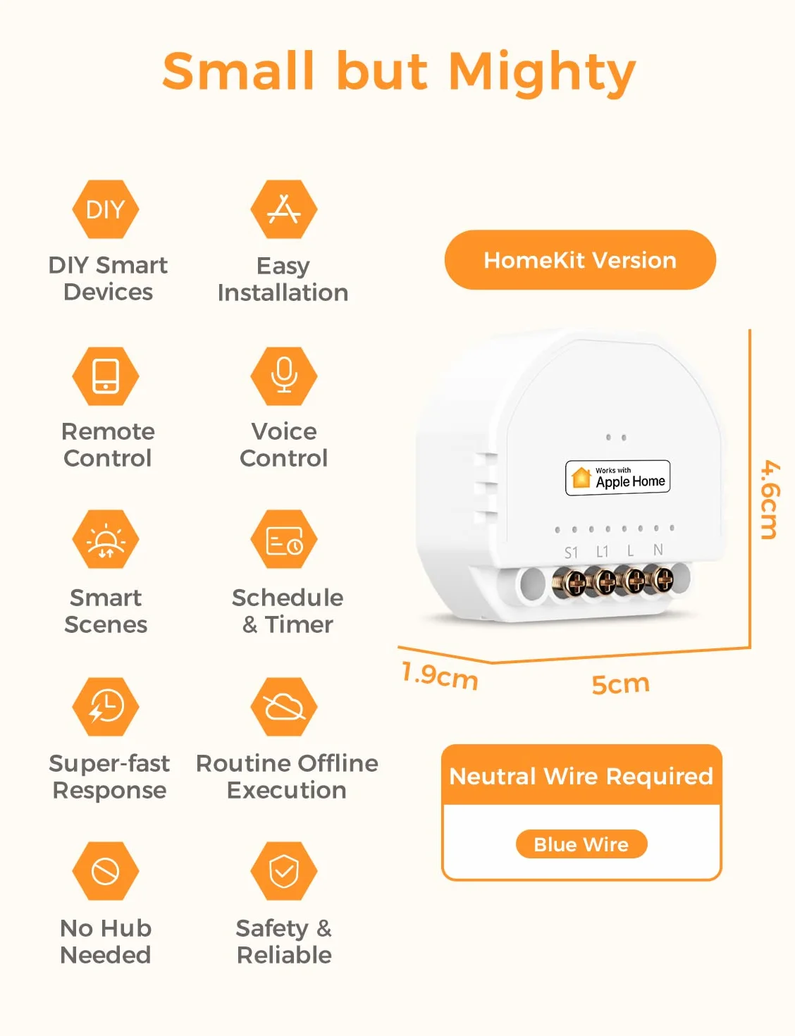 Refoss Mini inteligentny przełącznik przekaźnika Wi-Fi, 1-drożny, 1-biegowy włącznik światła z Apple HomeKit, Alexa i Google Home, 2,4 GHz, 250 V 10 A, 1 sztuka (wymagany przewód neutralny)