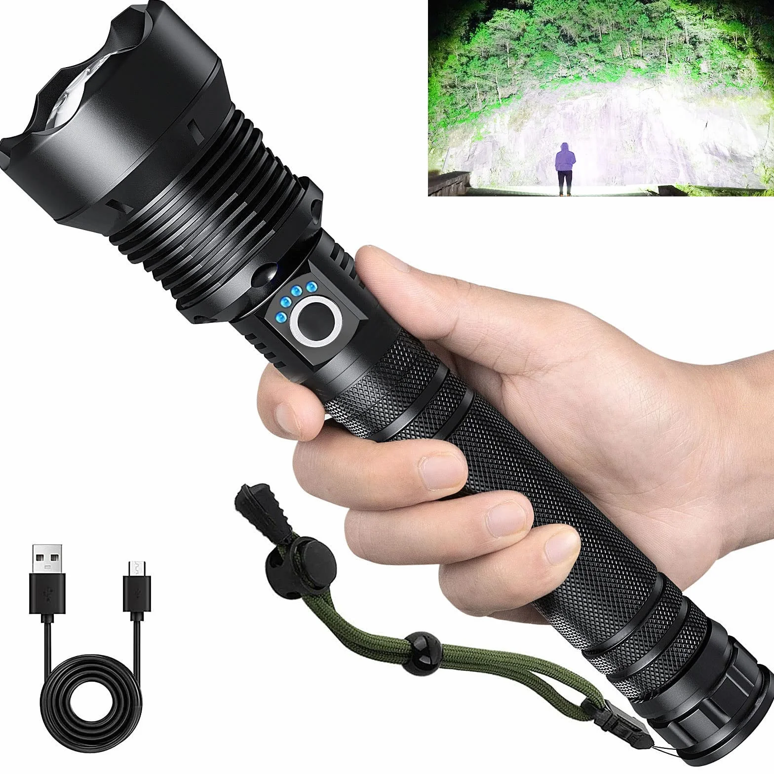 Latarka do ponownego ładowania, 990 000 lumenów, bardzo jasna latarka LED, wysoka jasność z kablem USB, 5 trybów, wodoodporna latarka, mocne światło błyskowe do domu, na kemping, wędrówki