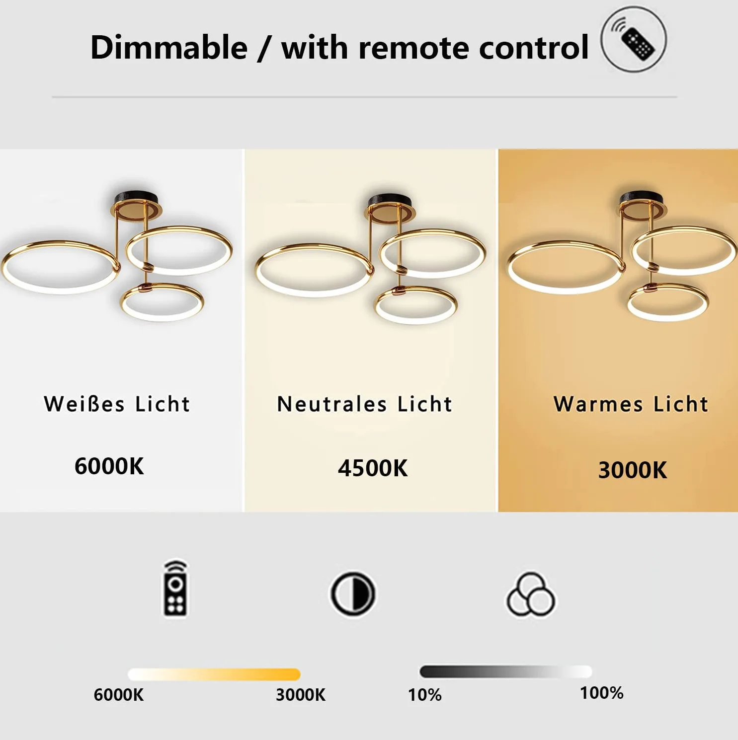 Lampa sufitowa LED Złoty pierścień Nowoczesny ściemnialny z pilotem Metalowy akrylowy okrągły żyrandol Salon Kuchnia Sypialnia Biuro Jadalnia Lampa Dekoracja Oświetlenie (3 pierścienie,Ø55cm,60W)