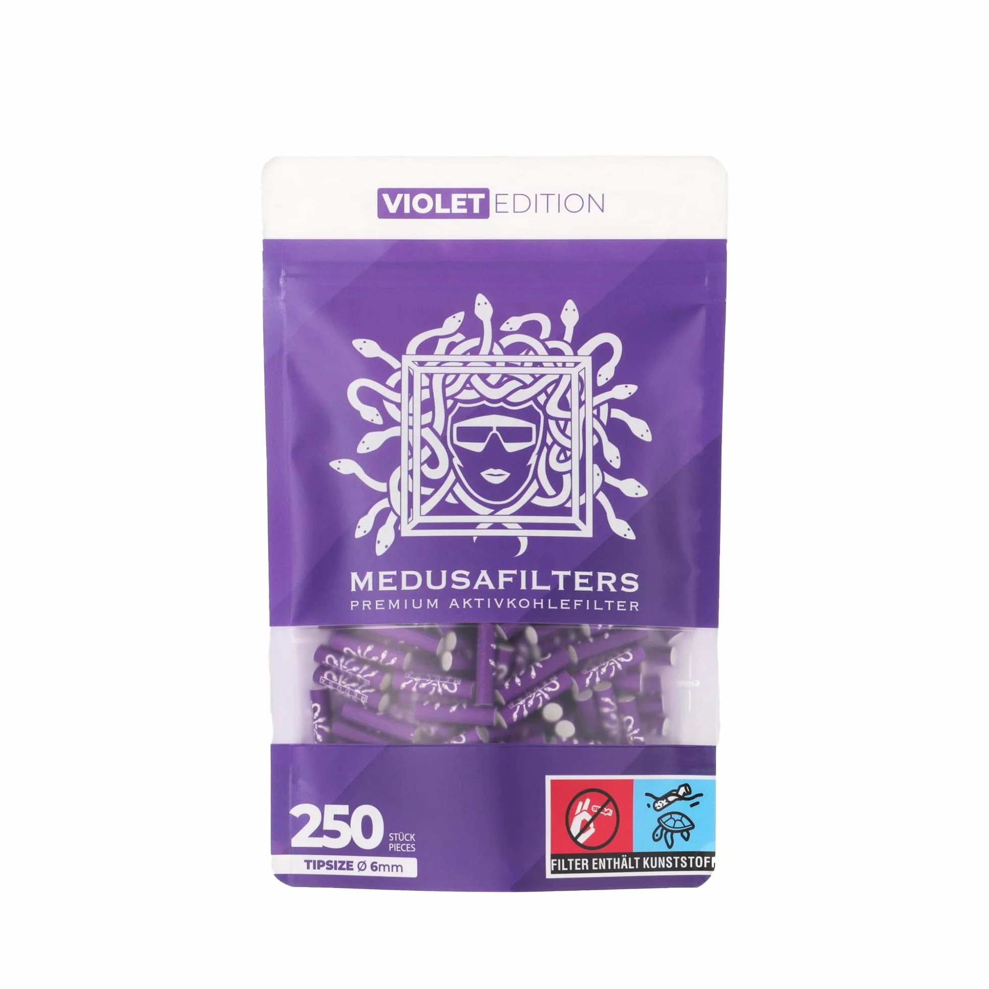 Medusafilters® 250 sztuk filtrów z węglem aktywnym o średnicy 6 mm z wegańskimi nasadkami z włókien i węglem aktywnym kokosowym | filtr o długości 25 mm Made in Germany (VIOLET Edition)