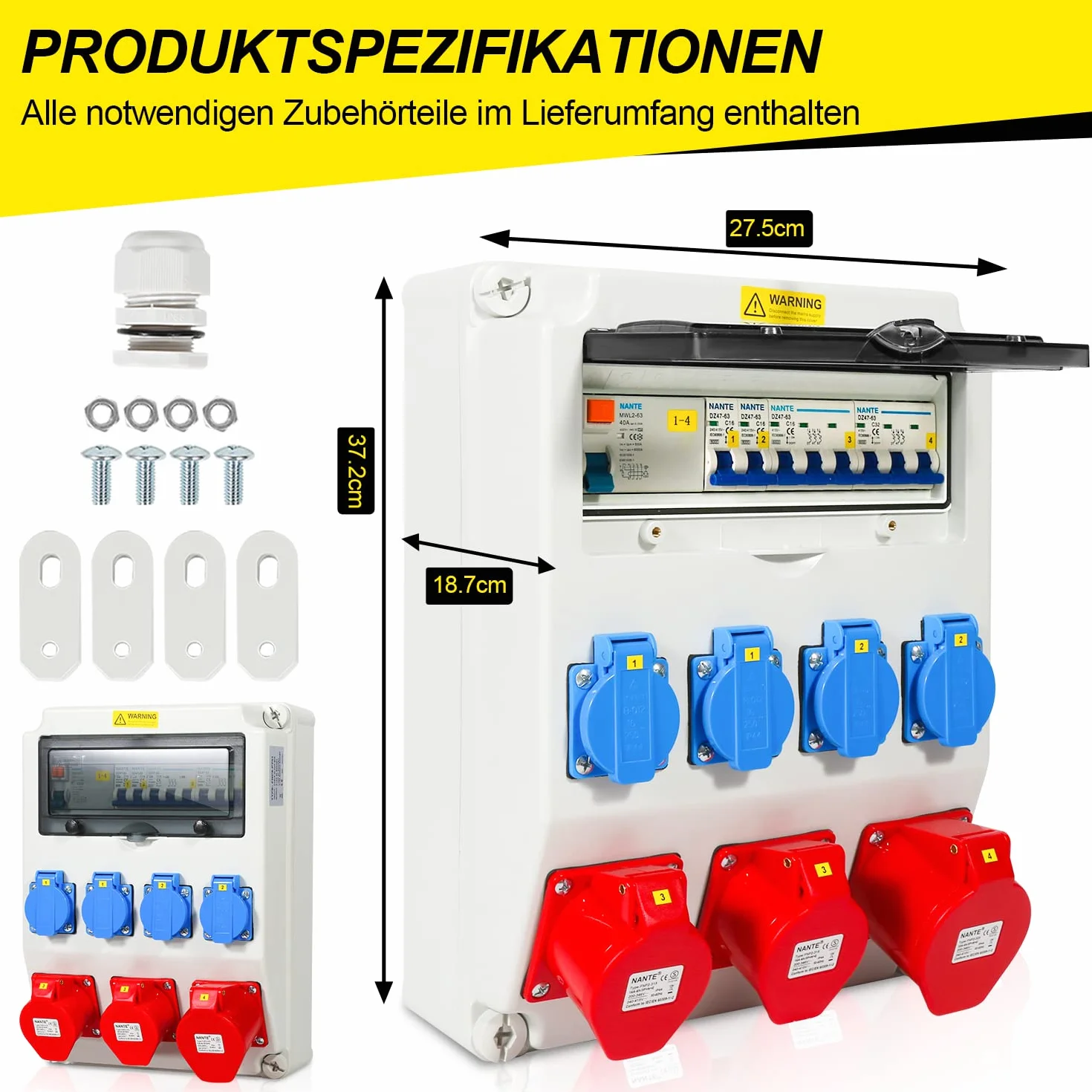 Rozdzielacz ścienny 1 x 32 A 2 x 16 A 4 x 230 V z LS+FI, rozdzielacz prądu z wyłącznikiem nadprądowym, rozdzielacz prądu budowlanego z gniazdem Schuko, 5-biegunowa skrzynka budowlana do