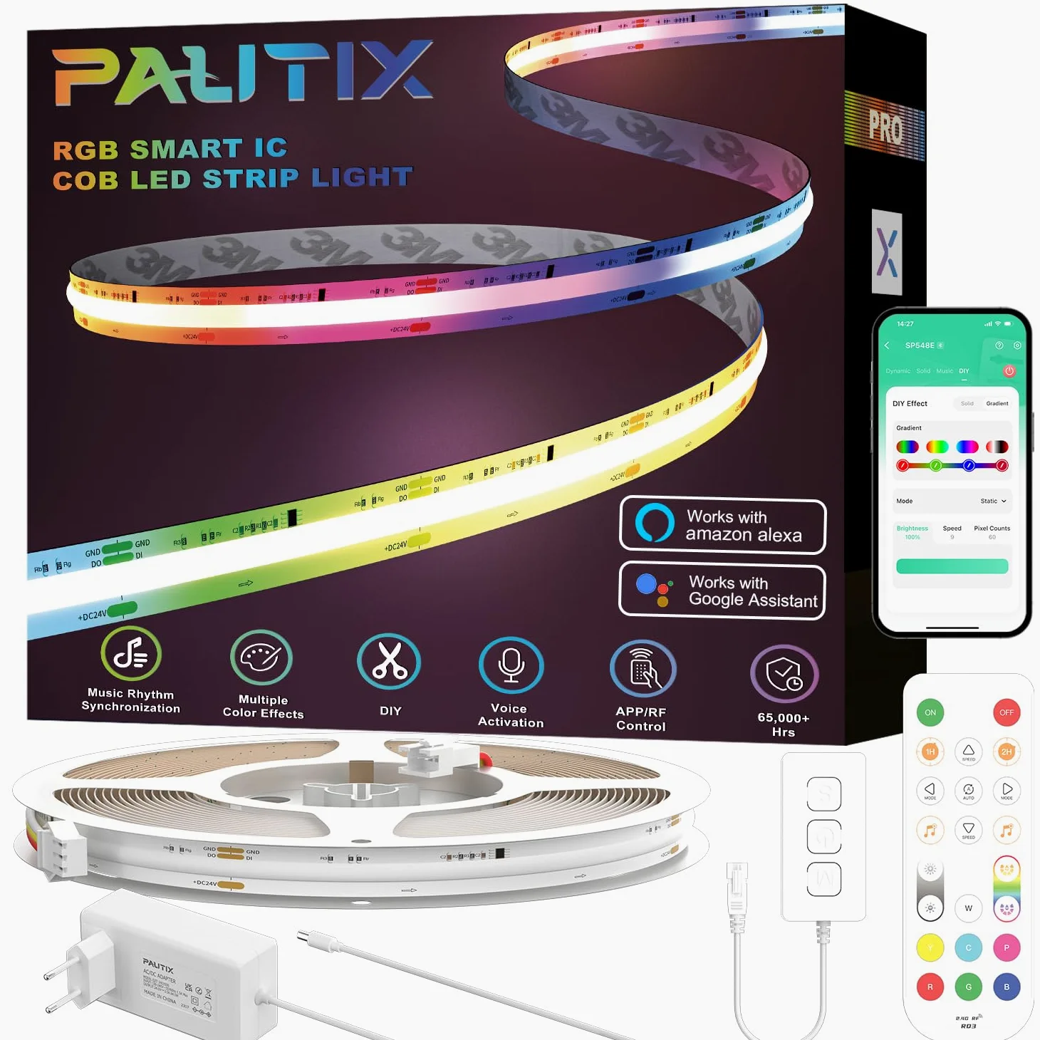 PAUTIX WIFI RGBIC Taśma LED COB 10M Kit, DC24V Piksele zmieniające kolor Adresowa inteligentna RGB LED Ulepszona taśma świetlna dla Alexa/Google Assistant do projektów oświetlenia domu