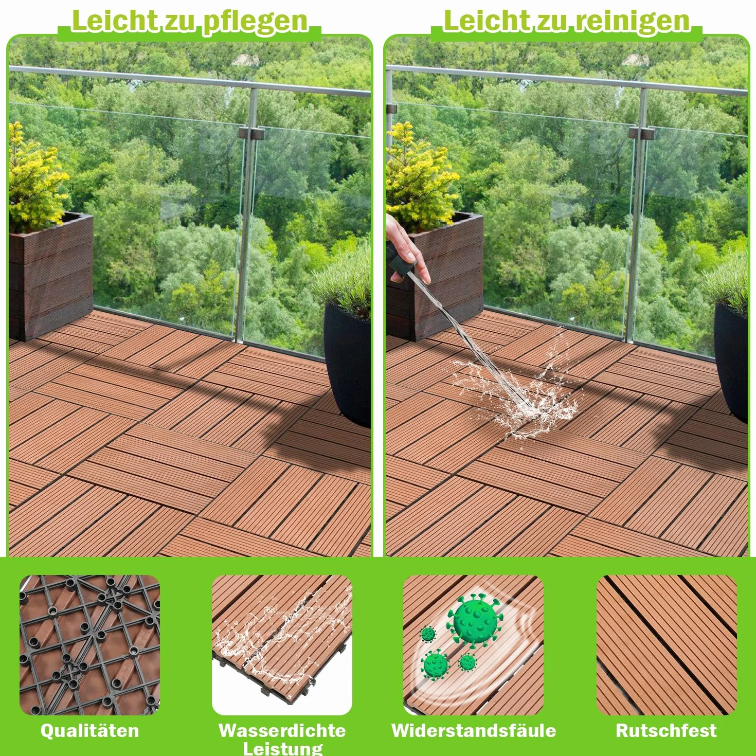 Płytki tarasowe z WPC, 30 x 30 cm, płytki drewniane, zestaw 55 sztuk na 5 m², płytki balkonowe o wyglądzie drewna, wykładzina podłogowa z systemem zatrzaskowym, wodoodporne, na balkon i taras
