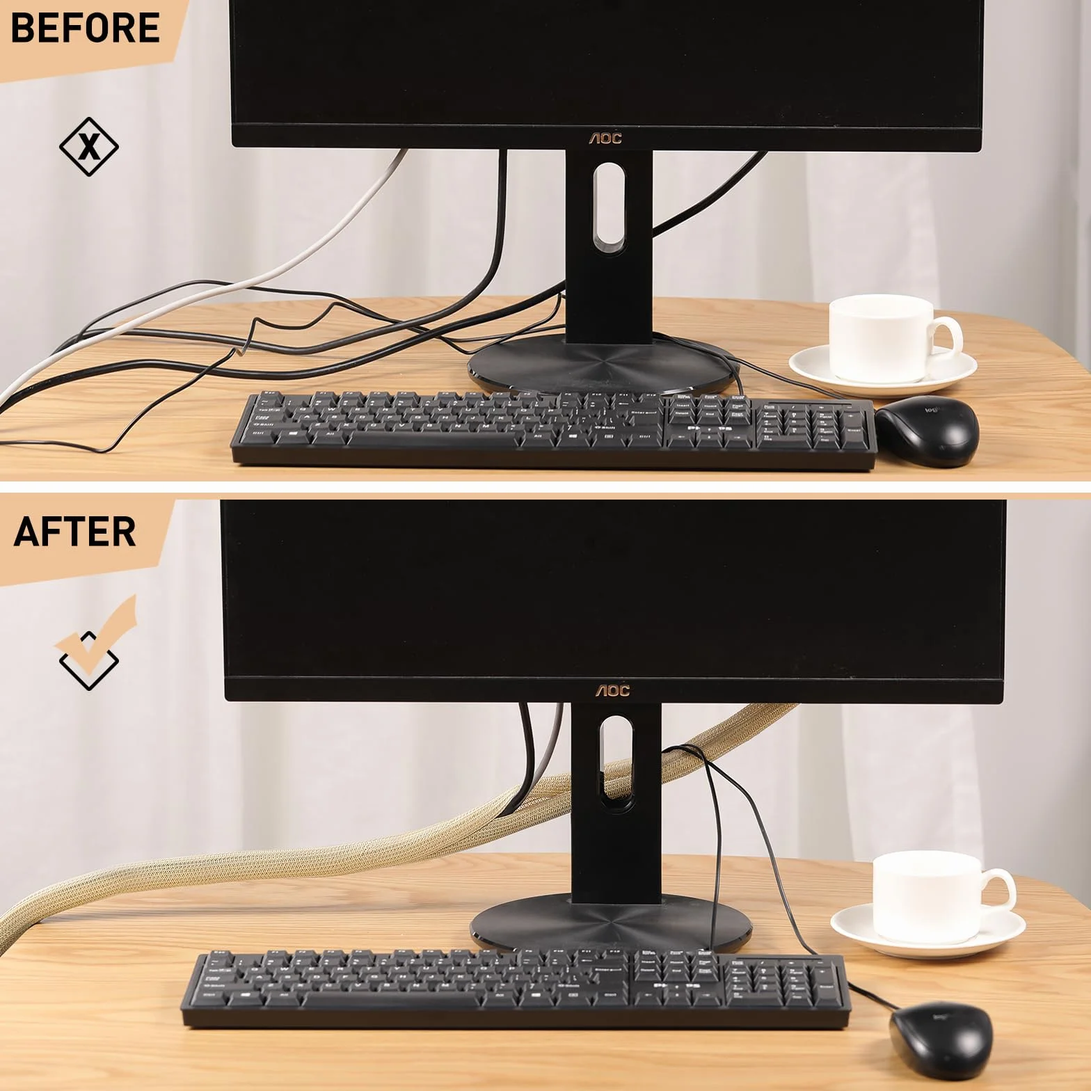 AGPTEK Pokrowiec na kable, organizer, biurko, 3 m – 2 cm, domowe biuro, do zarządzania przewodami, do komputera, TV, ochrona przed zwierzętami, ochrona przed żuciem przez kota, psa, brązowy (wood)