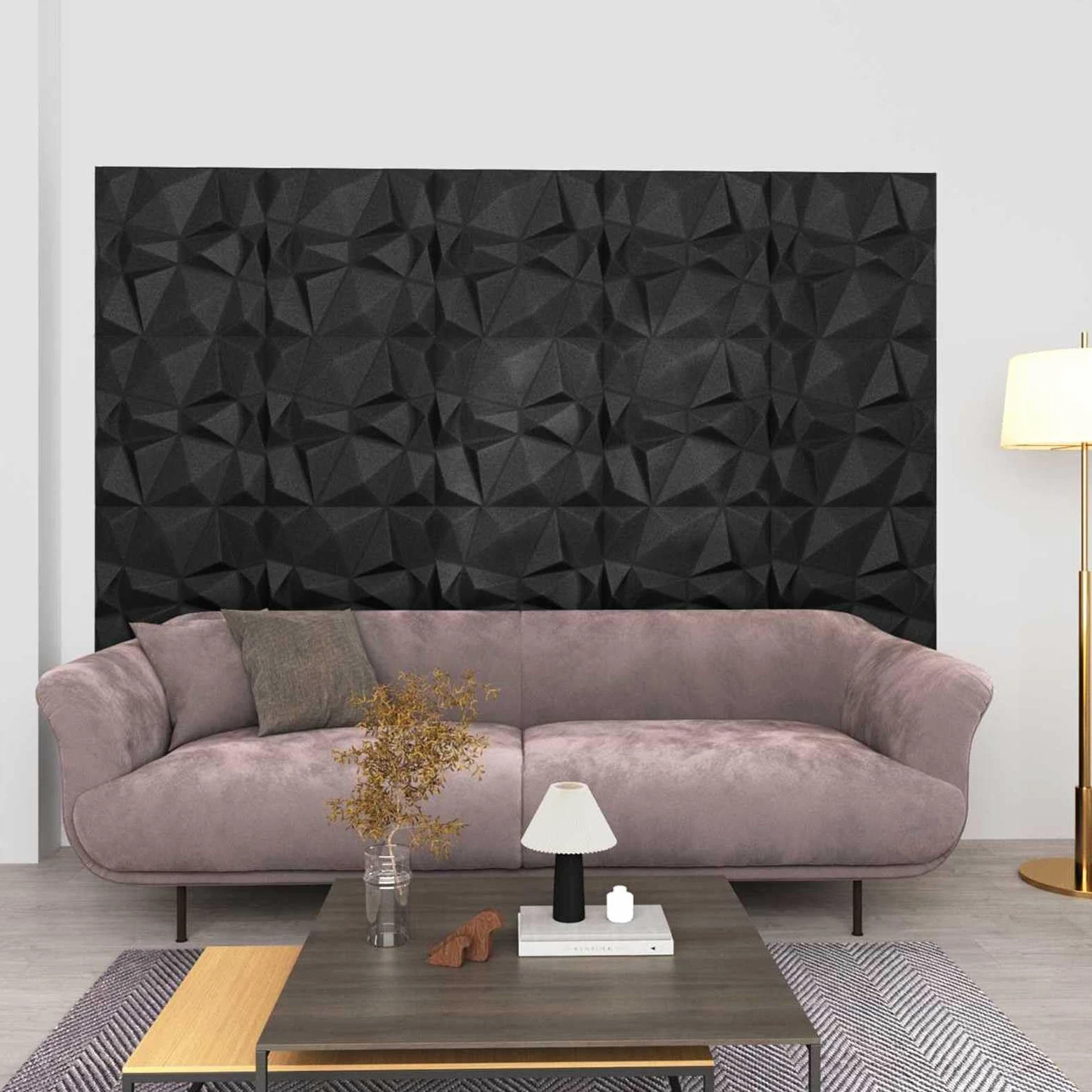 Panele ścienne diamentowe czarne, 24 sztuki, 50 x 50 cm, pianka XPS, struktura 3D, do okładzin ściennych, ścian wewnętrznych, sufitu, salonu, korytarza, renowacji, renowacji
